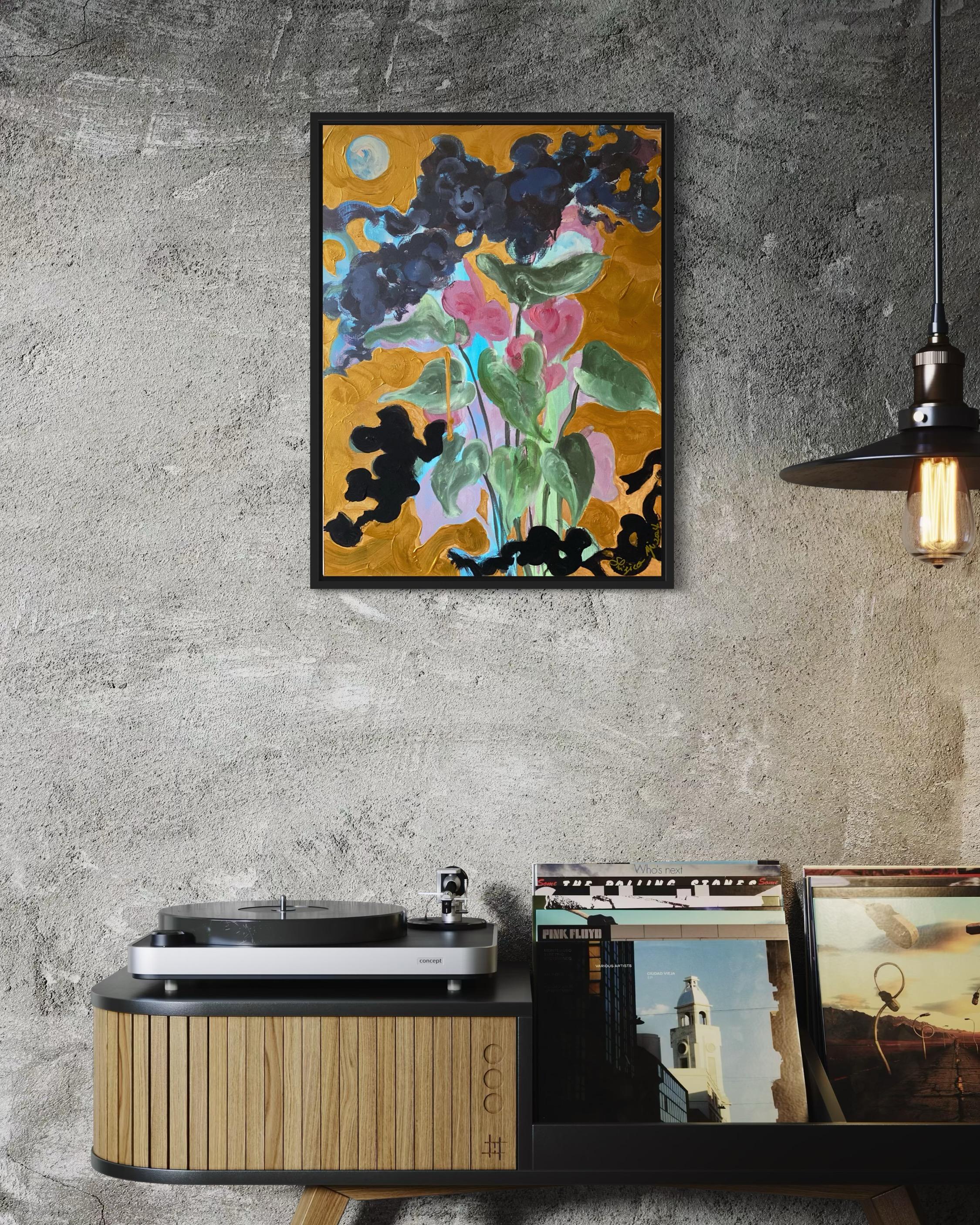 Édition limitée peinte à la main #2-Première lune- Artiste récompensé au Royaume-Uni-huile, or sur Giclée - Print de Shizico Yi