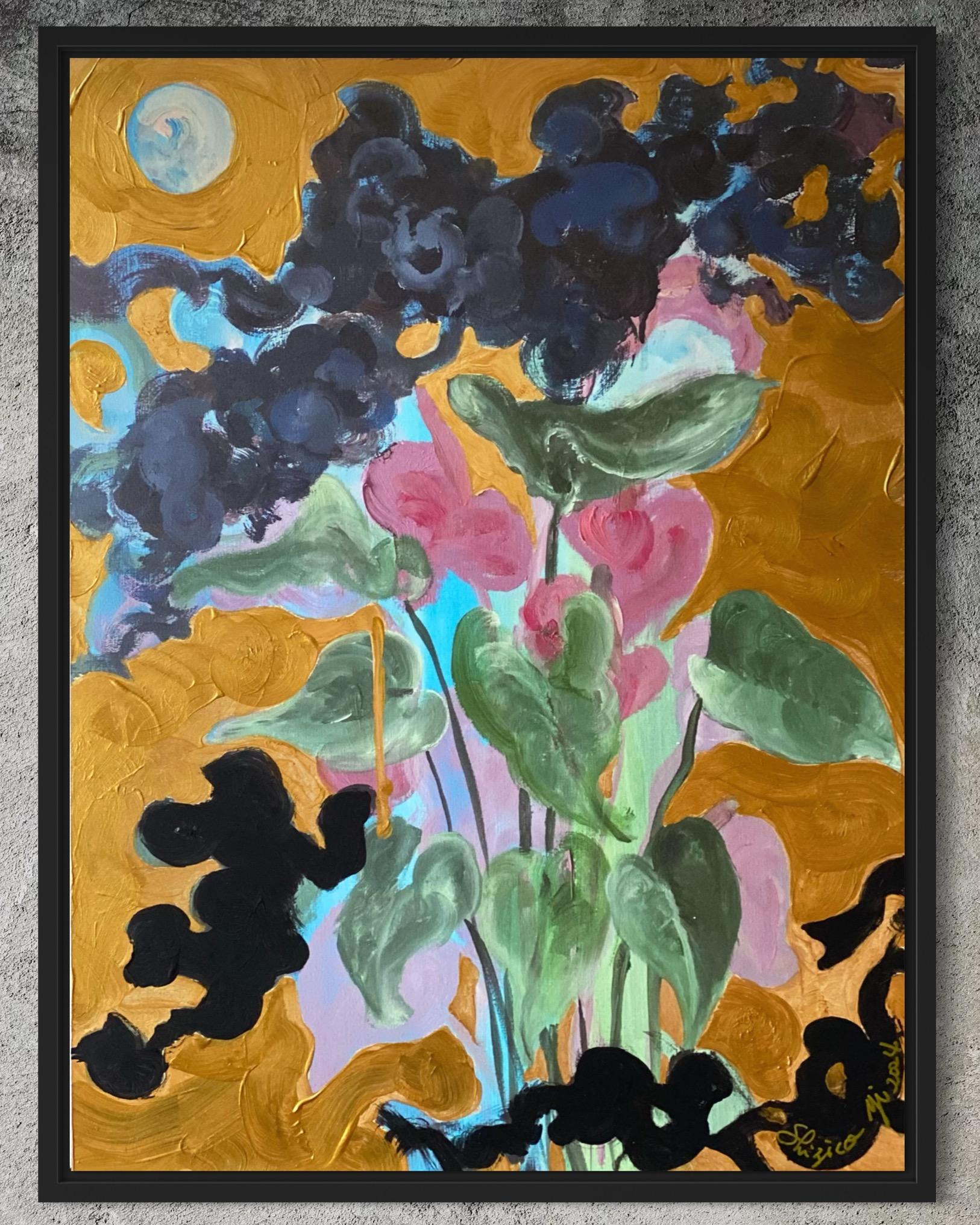Hand painted Limited Edition-First Moon-UK Awarded Artist-oil, gold on Giclée #2 - Abstract Impressionist Print by Shizico Yi