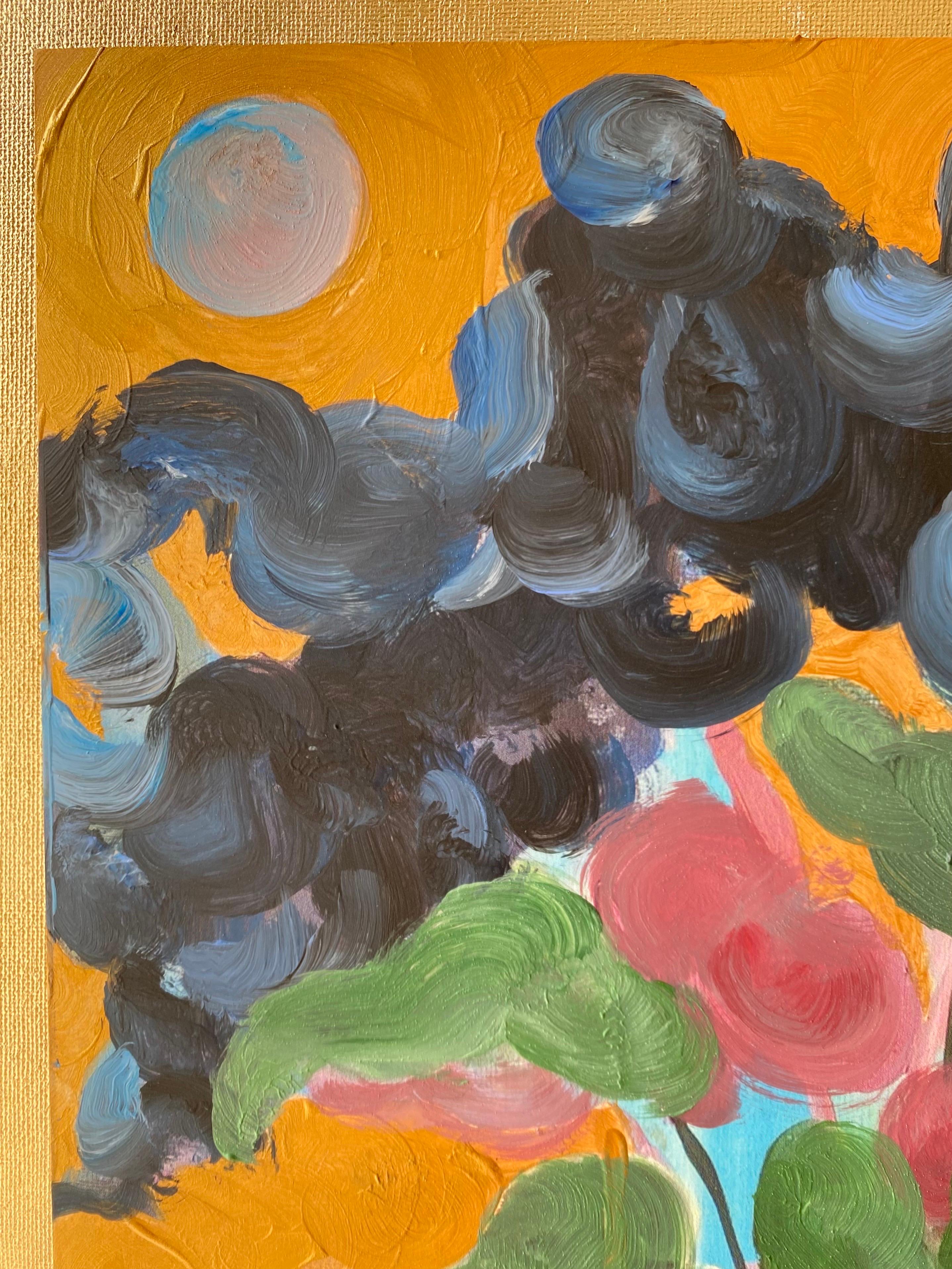 Hand painted Limited Edition-First Moon-UK Awarded Artist-oil, gold on Giclée #2 - Brown Abstract Print by Shizico Yi
