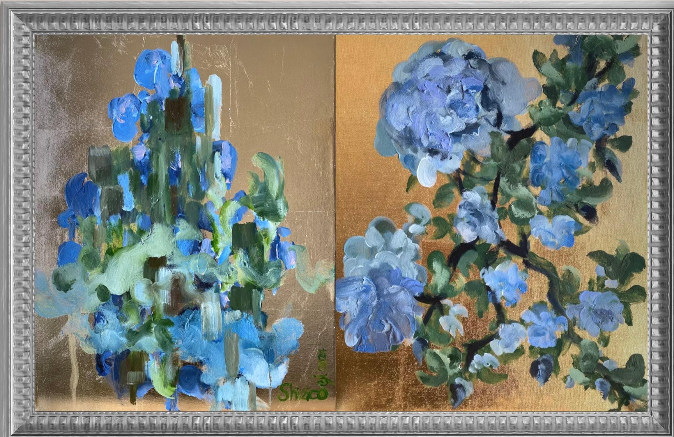 Handbemaltes 2er-Set-Golden Sunlit-British Awarded Artist-auf Aluminium (Abstrakter Impressionismus), Print, von Shizico Yi