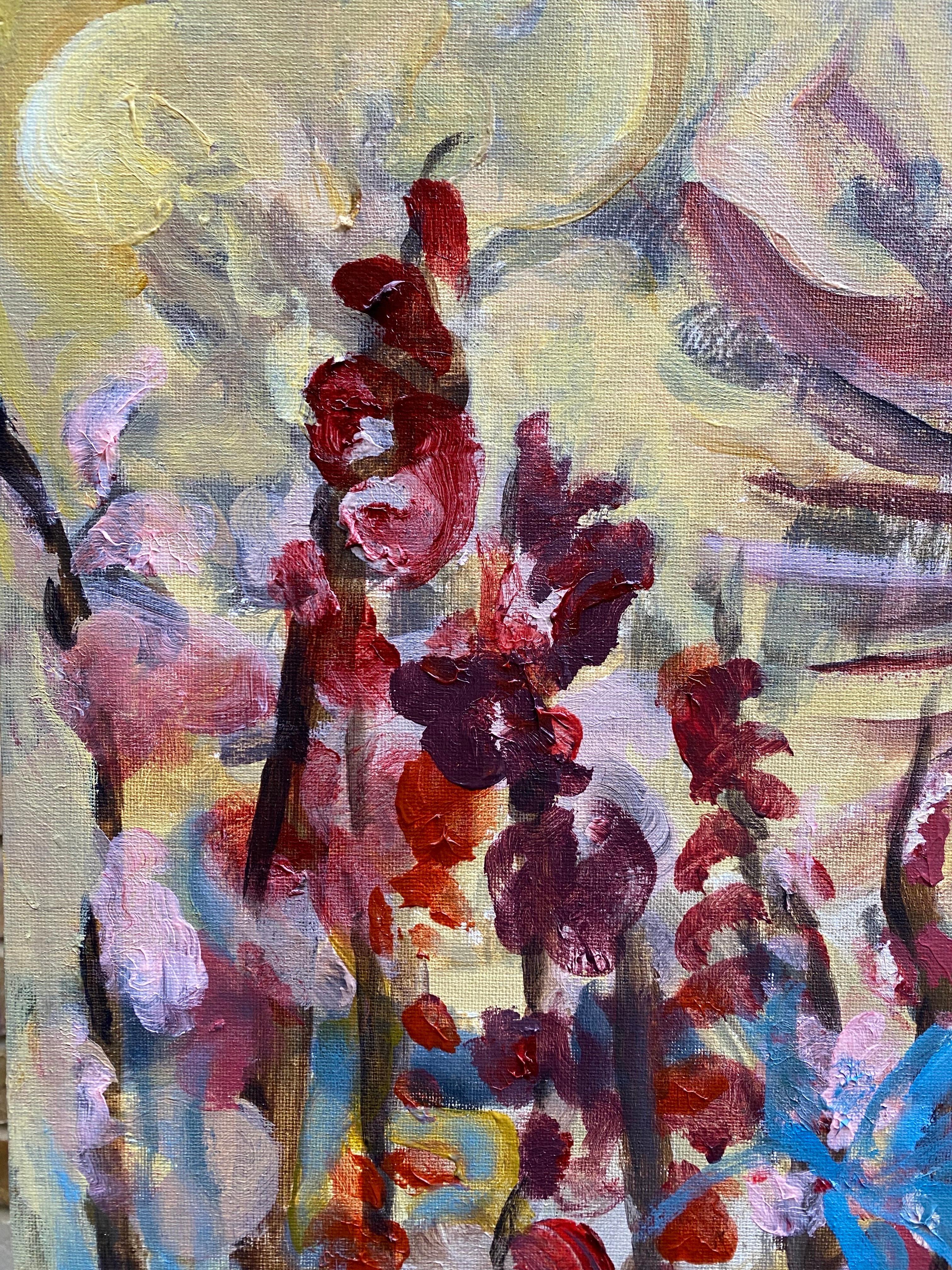 Hand painted Proof-Gladiolus Common Blue-British Awarded Artist-English Cottage - Abstract Expressionist Print by Shizico Yi