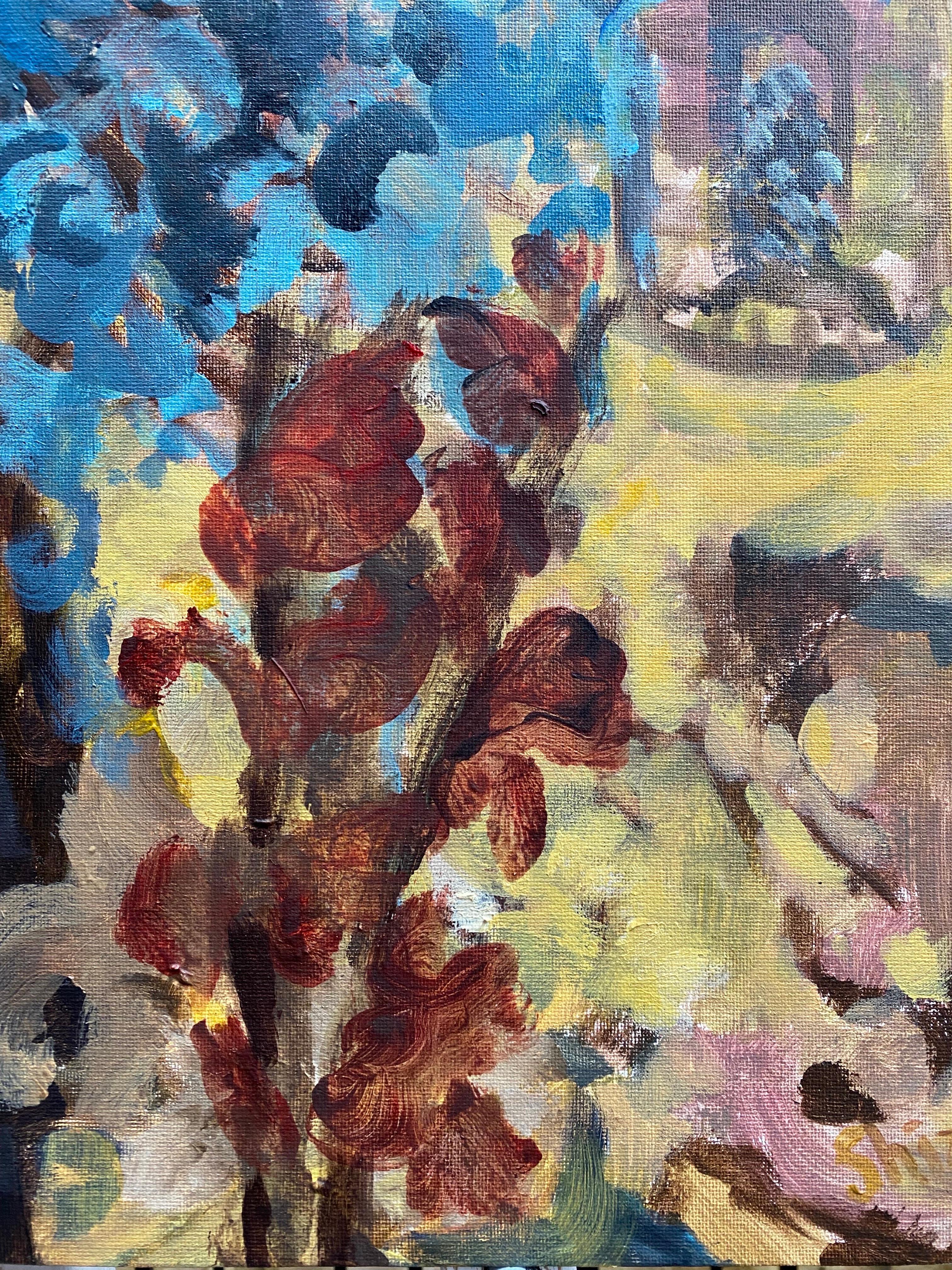 Hand painted Proof-Gladiolus Common Blue-British Awarded Artist-English Cottage - Gray Landscape Print by Shizico Yi