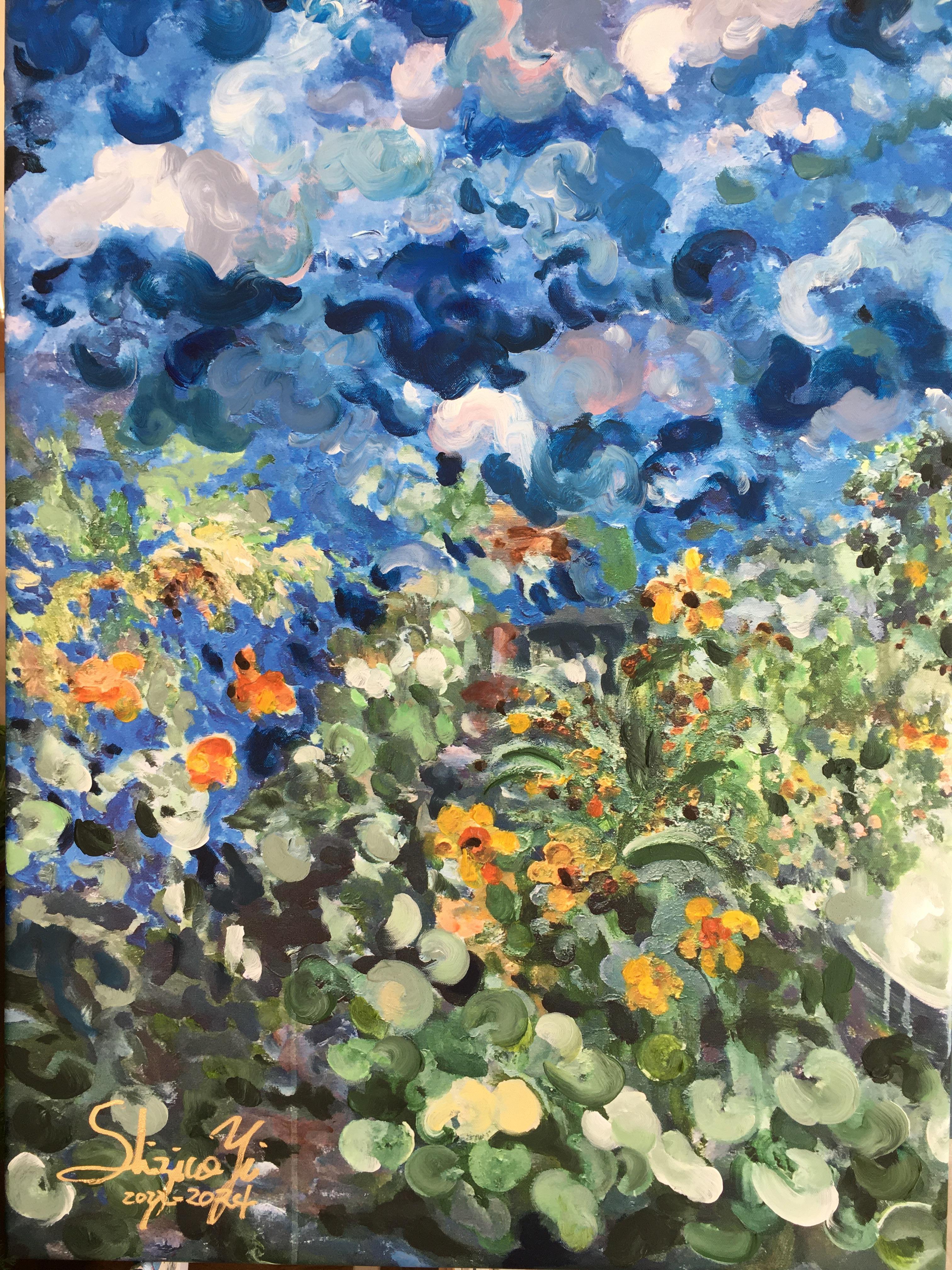« Having a cigarette amongst Green and Blue », peinture à la main, grande toile, édition n° 6 8