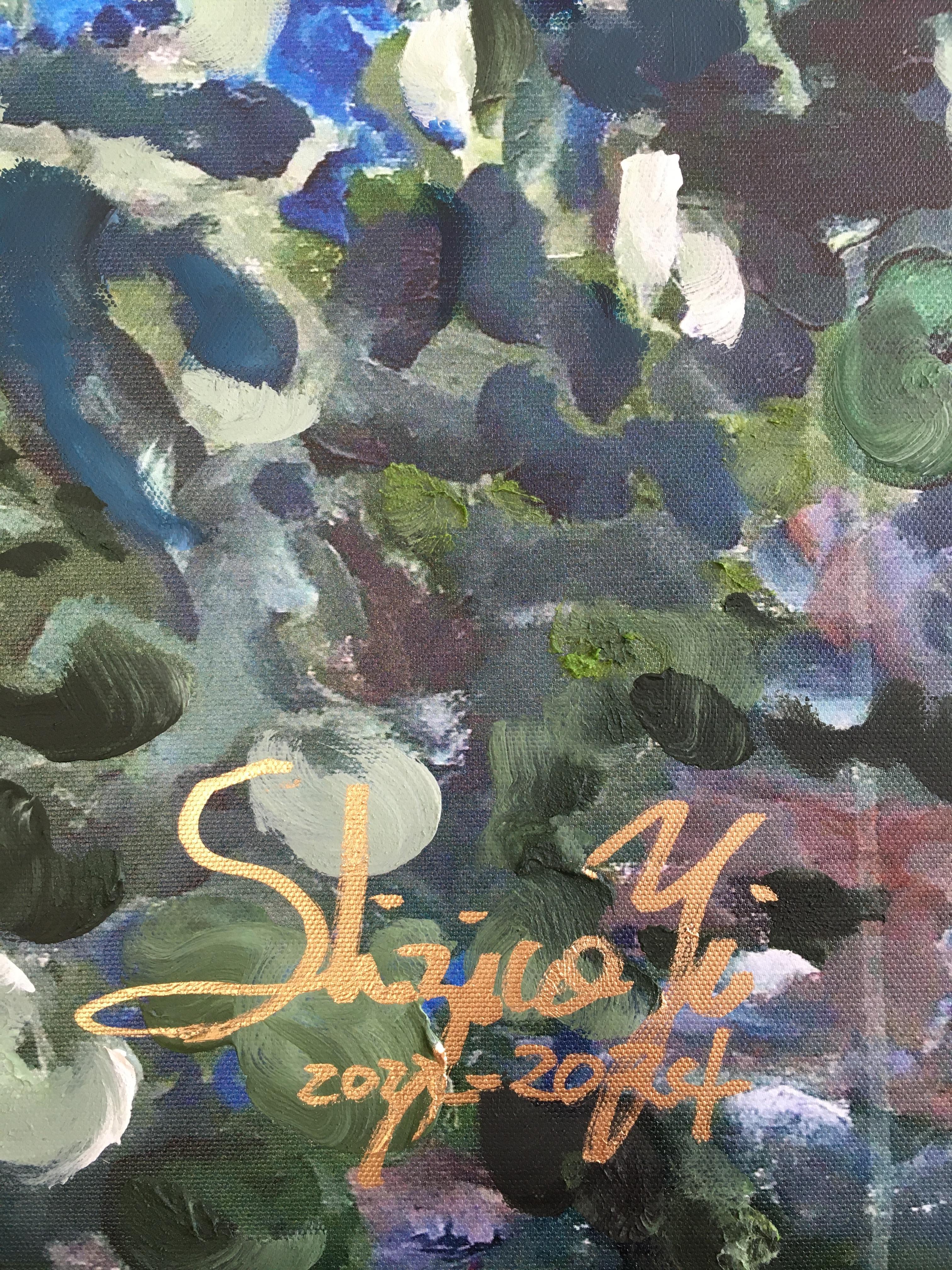« Having a cigarette amongst Green and Blue », peinture à la main, grande toile, édition n° 6 9