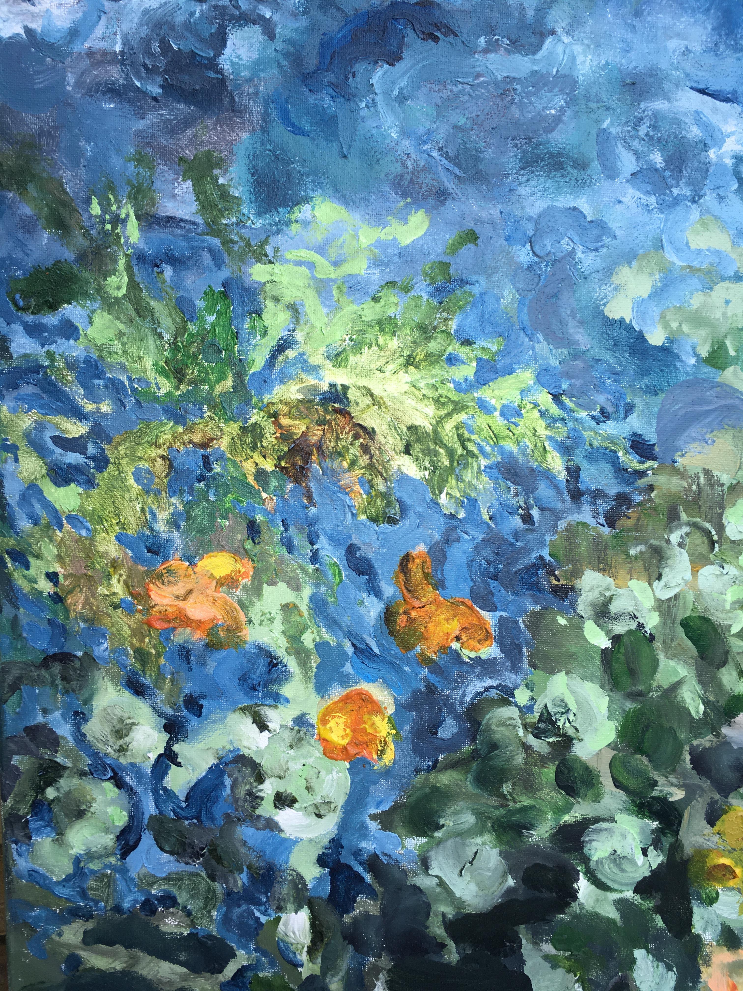 « Having a cigarette amongst Green and Blue », peinture à la main, grande toile, édition n° 6 - Impressionnisme Print par Shizico Yi