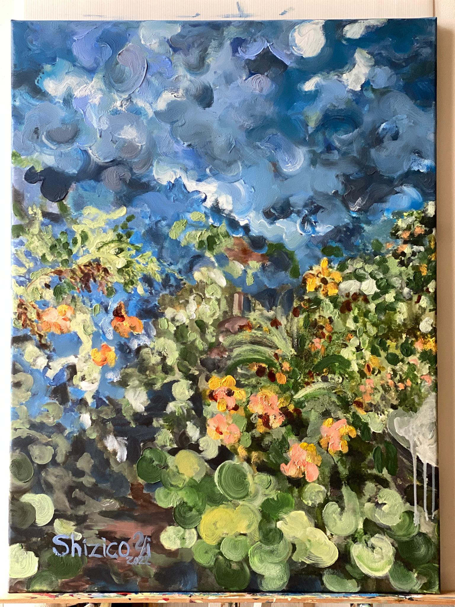 Having a cigarette amongst Green and Blue-hand painted Large CanvasEdition 12/20 - Impressionist Painting by Shizico Yi