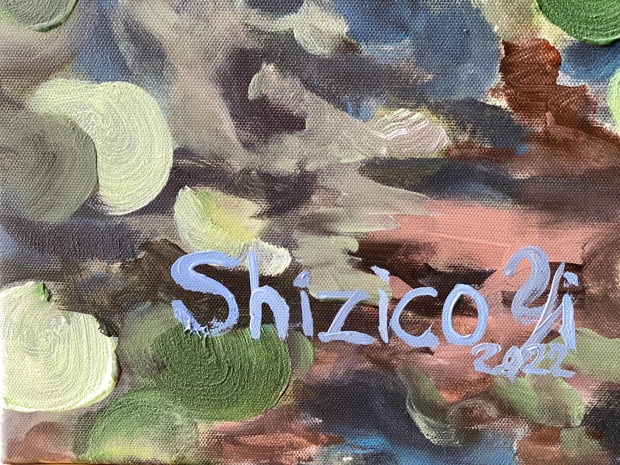 Having a cigarette amongst Green and Blue-hand painted Large CanvasEdition 12/20 - Gray Landscape Painting by Shizico Yi
