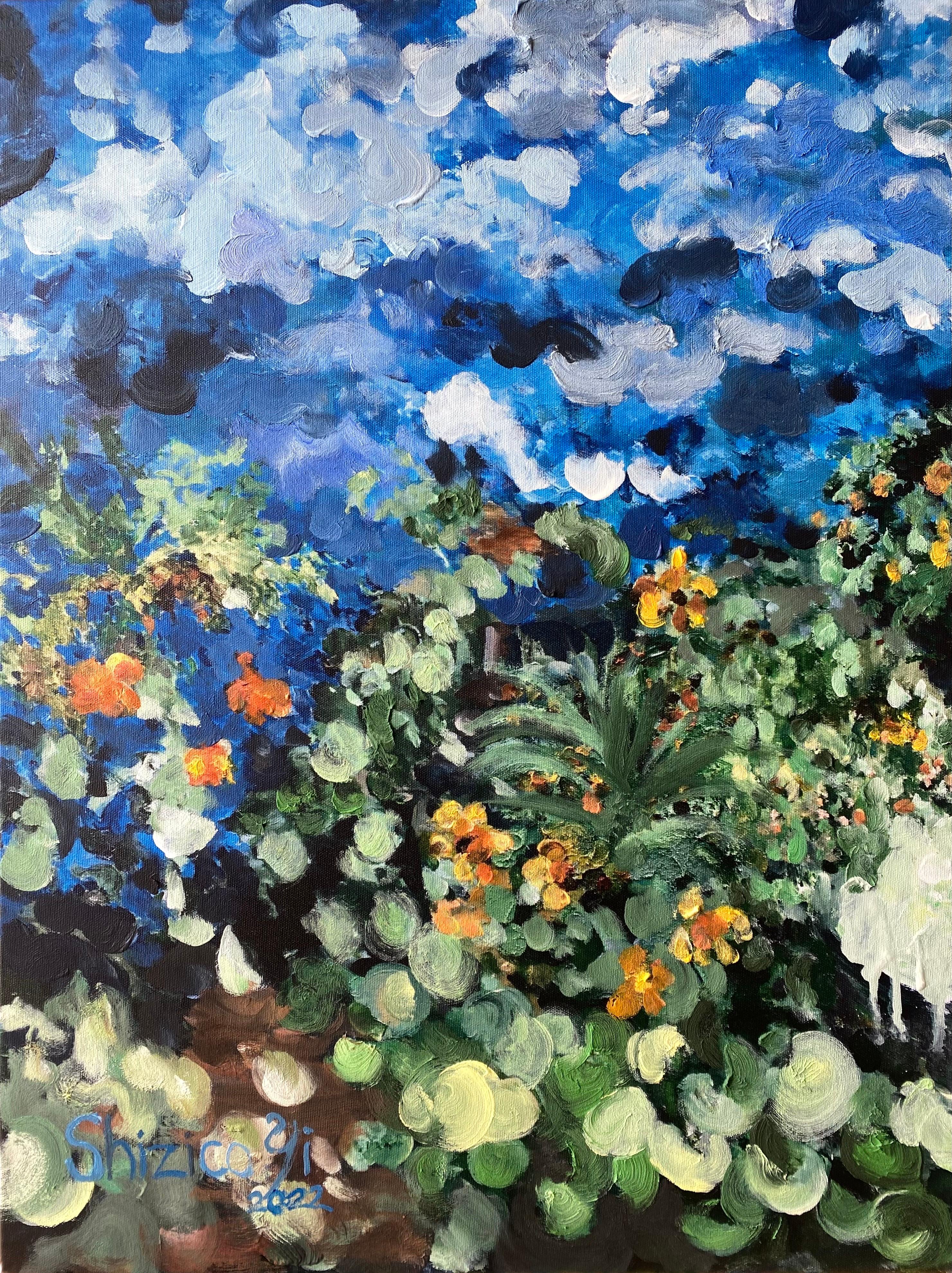 Shizico Yi Abstract Print - Having a cigarette amongst Green and Blue-hand painted Large CanvasEdition 12/20