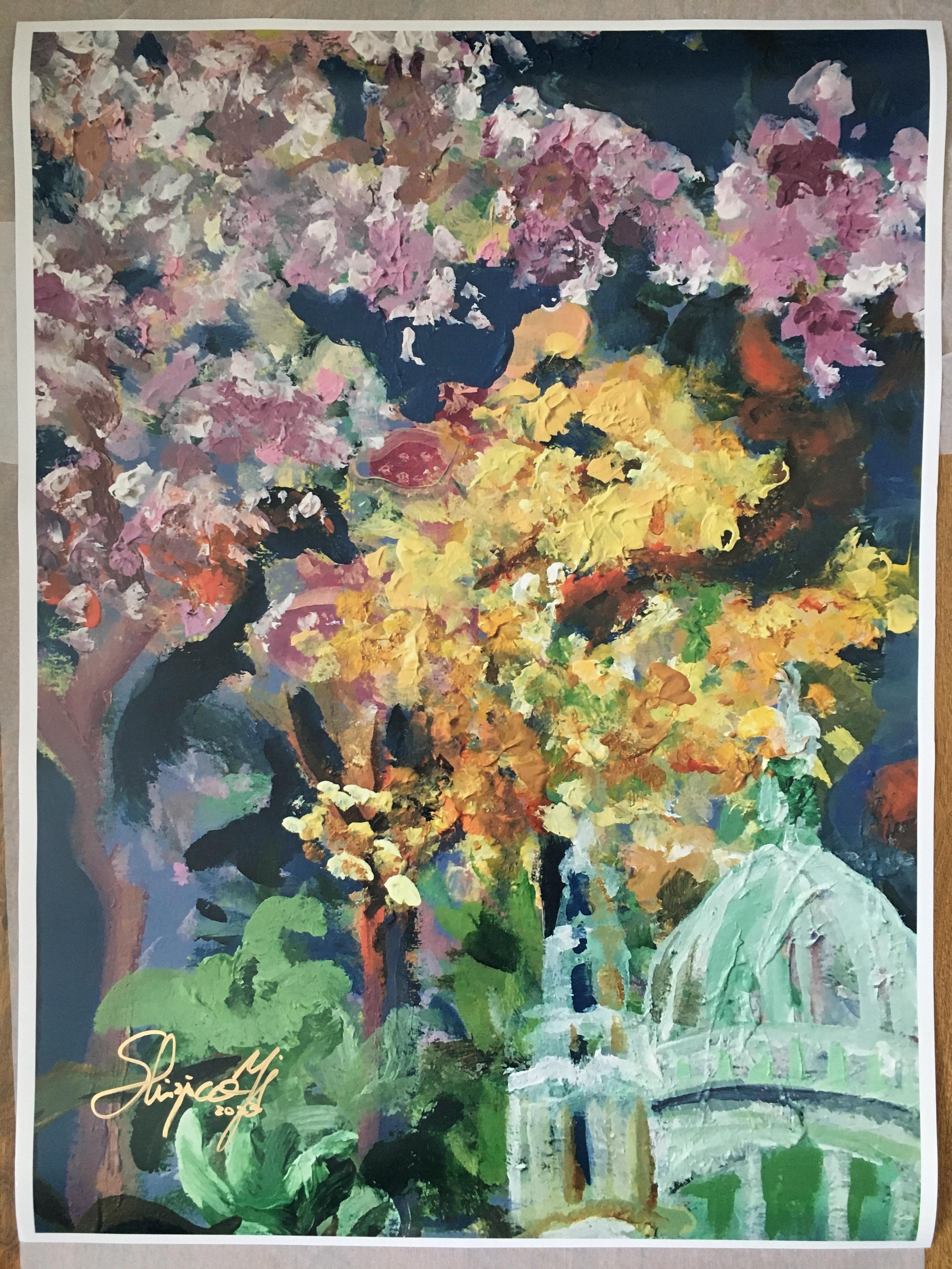 Shizico Yi Landscape Print - Sakura in London, St. Paul-Abstract-Rare Large Limited Five only #3/5 -UK artist
