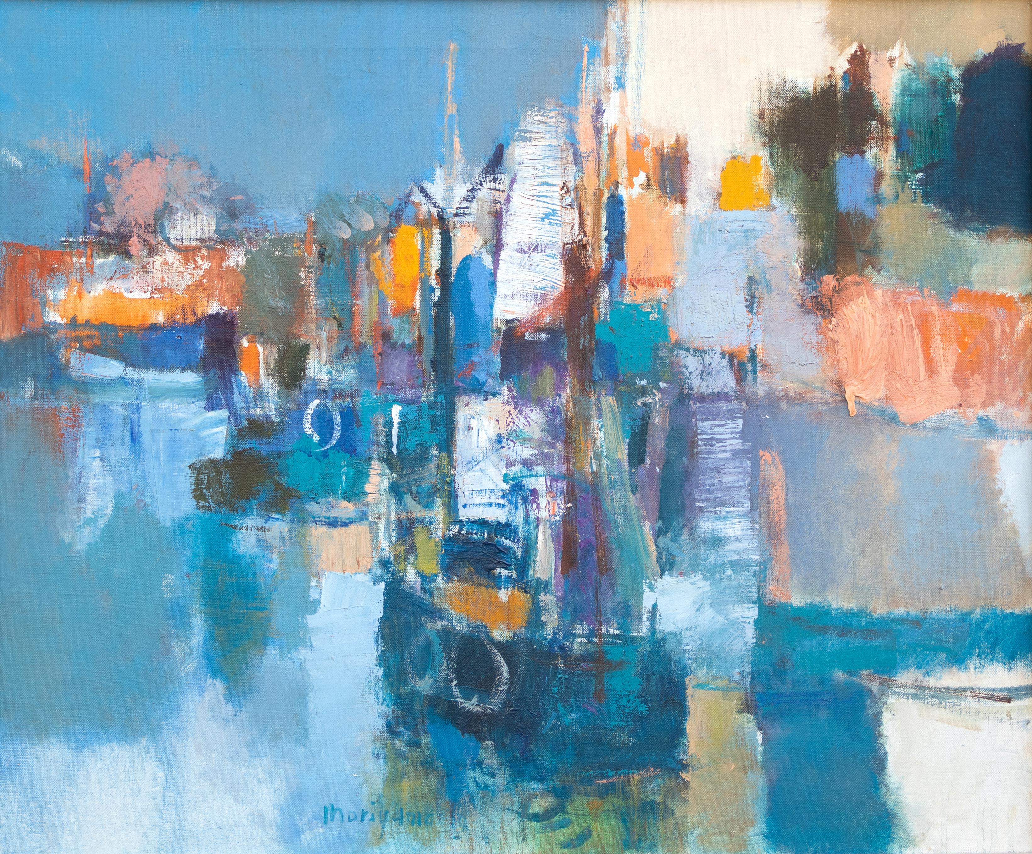 Shizuka Moriyama Abstract Painting – Abstrakt in Blau mit orangefarbenem Weiß und Erdtönen