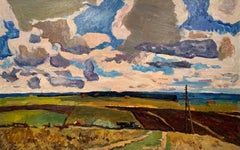 Vintage Oil Painting Field Blue Sky Landscape Vintage Original Art by Shkurko A.