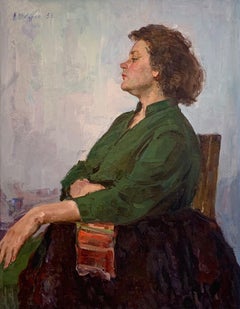 Female Portrait Antique Oil on Canvas Woman Painting Midcentury Art by Shkurko A