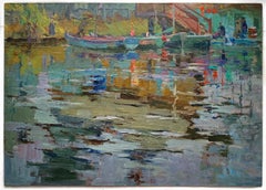 River Landscape Antique Oil Painting Midcentury Boats Scene Art by Shkurko A