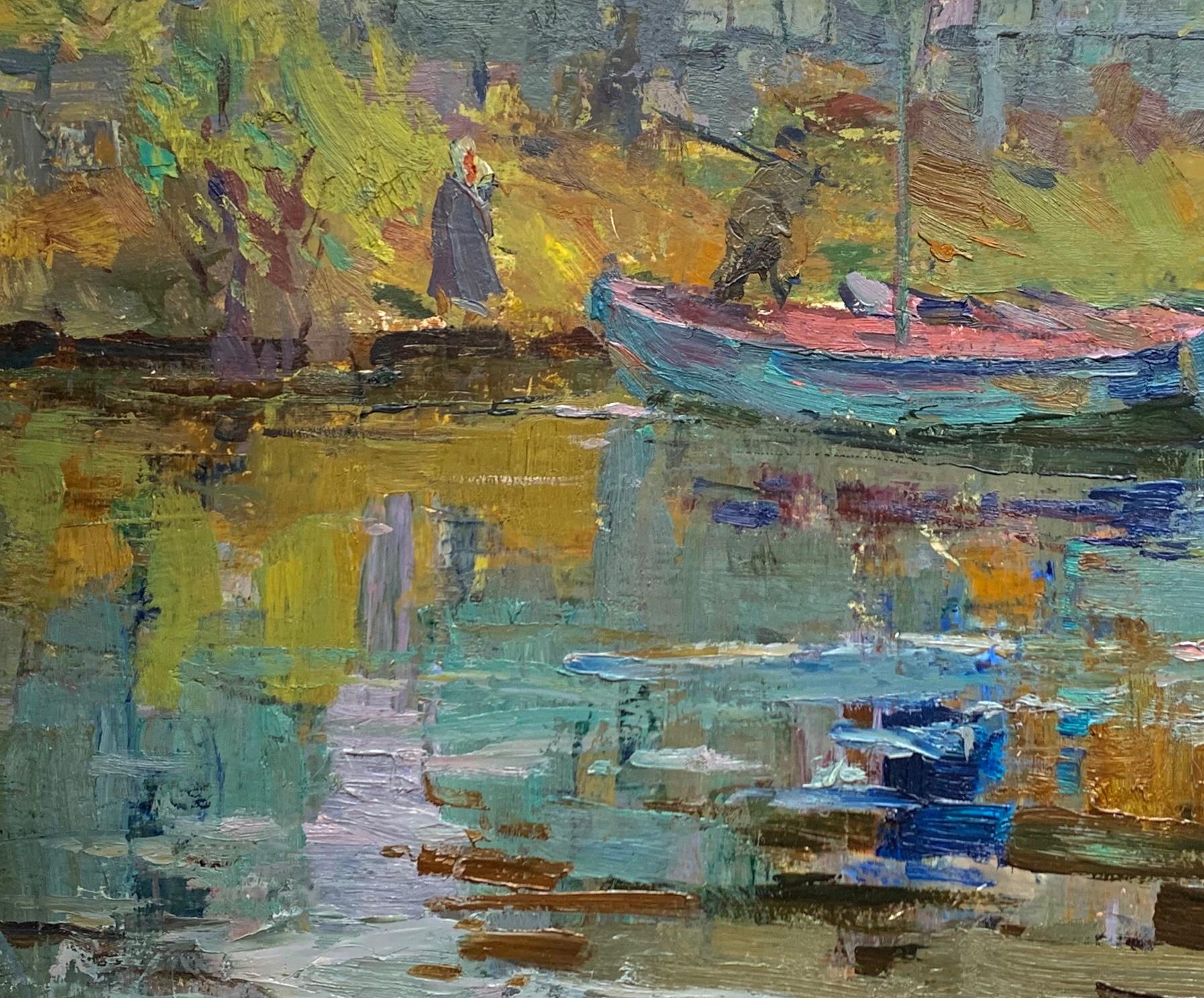 River Landscape Antique Oil Painting Midcentury Boats Scene Art by Shkurko A - Gray Landscape Painting by Shkurko Anatoly