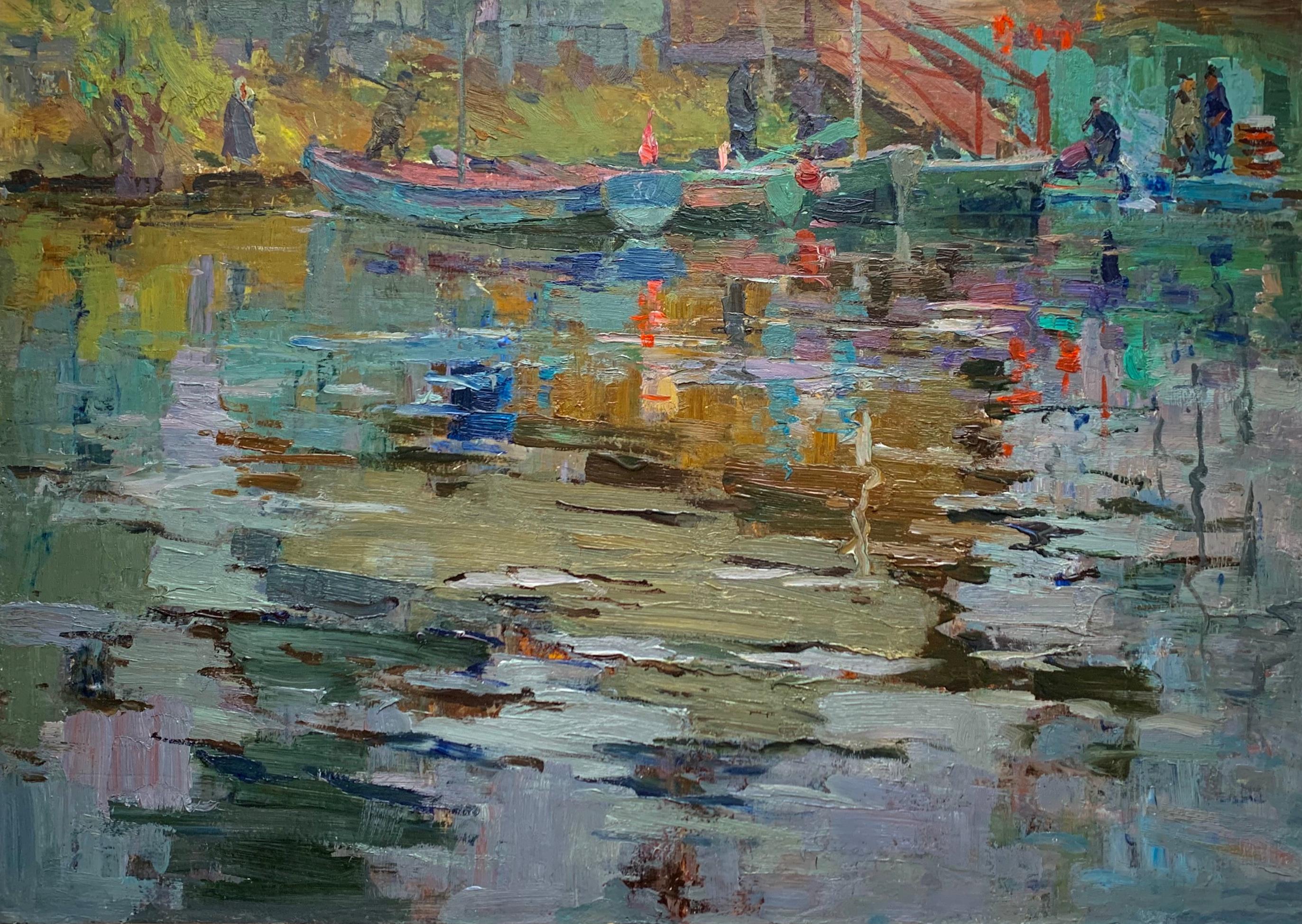 River Landscape Antique Oil Painting Midcentury Boats Scene Art by Shkurko A For Sale 4