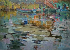 River Landscape Antique Oil Painting Midcentury Boats Scene Art by Shkurko A