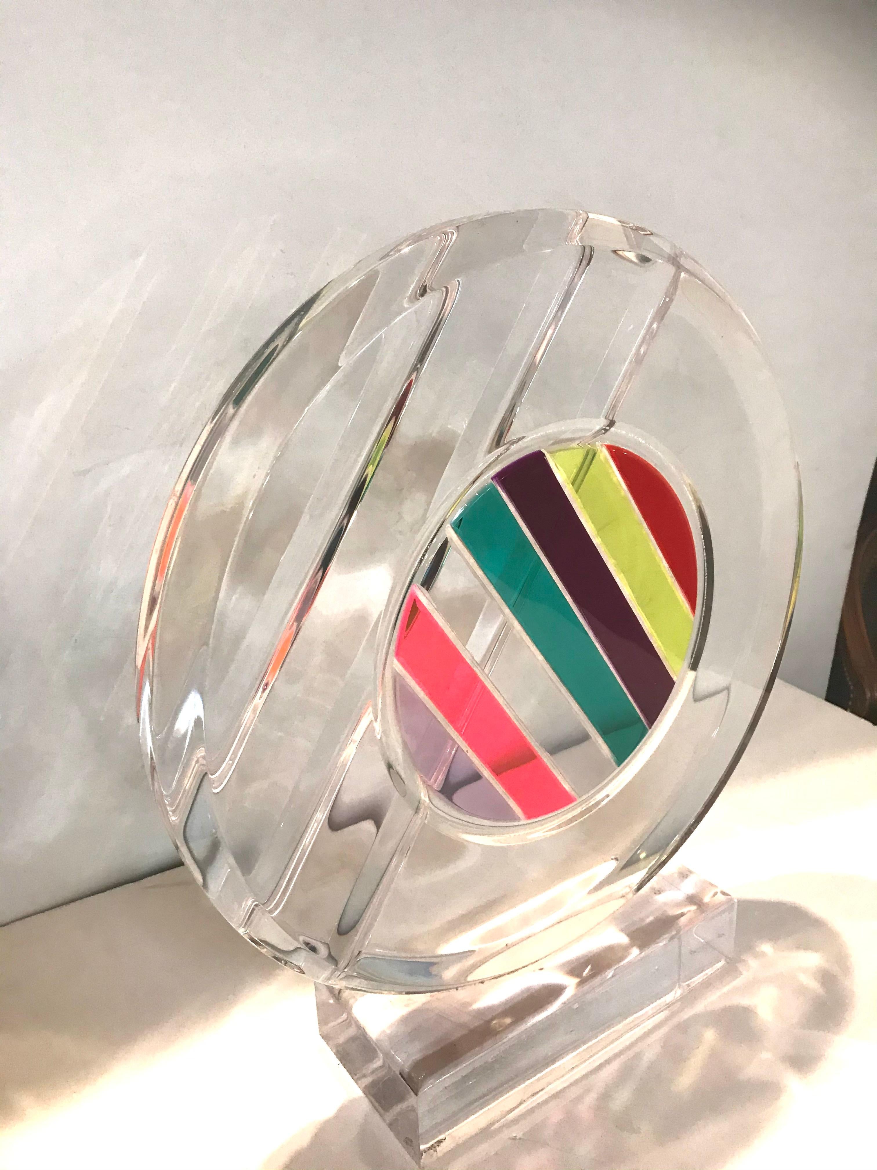 Modern Colorful Tick Circle Lucite Center Table Sculpture signed by Shalomi Haziza

One of  Colorful Masterpiece of lucite Art work by Shalomi Haziza .Acrylic is the most sophisticated material Haziza has mastered to date. It is an unforgiving, but