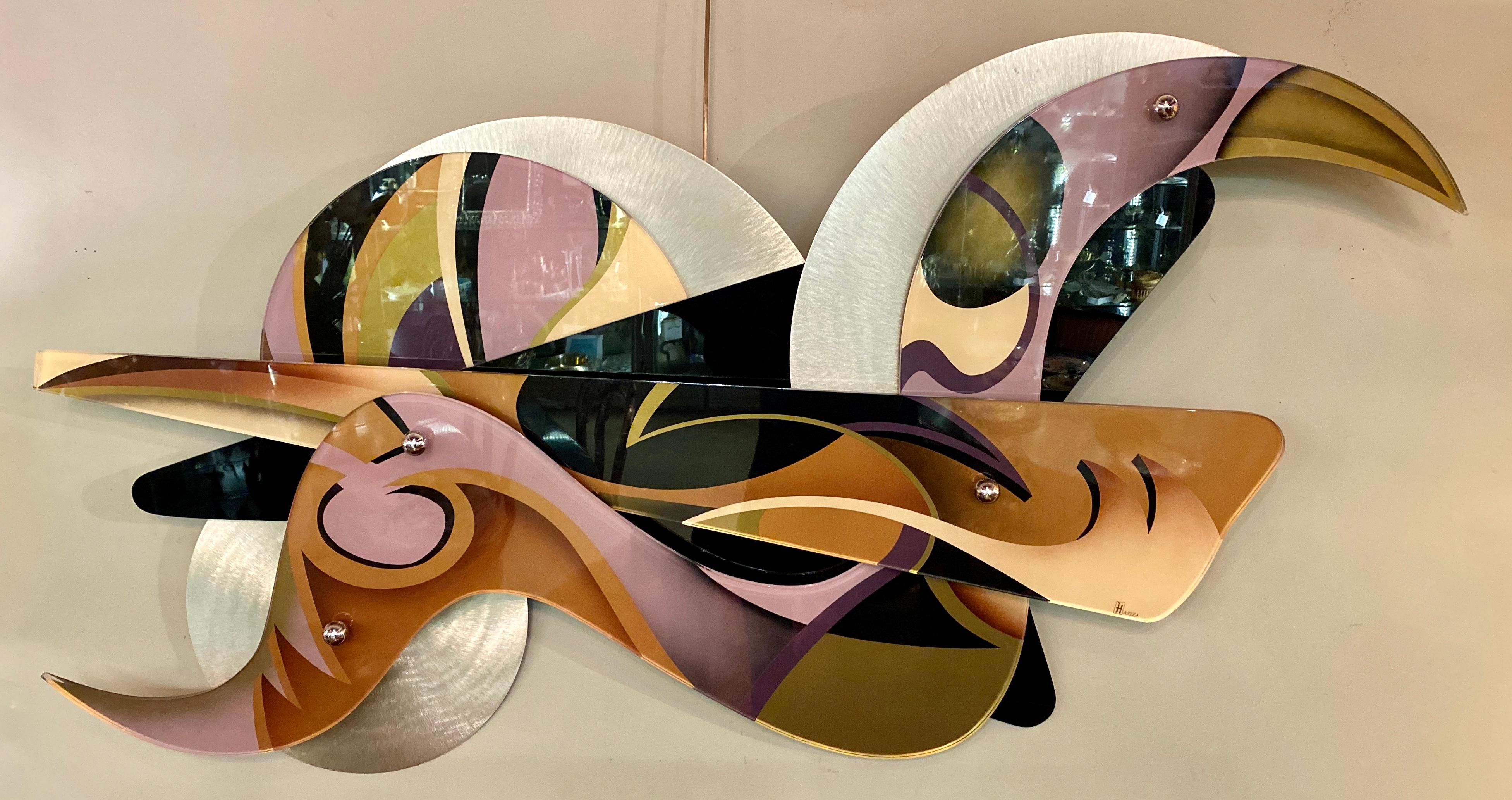Shlomi Haziza Lucite metal abstract wall art sculpture signed H. Aziza. This sculpture from this highly sought after artist has the most brilliant of colors flowing from one section to another. This particular piece of art can hand vertically or