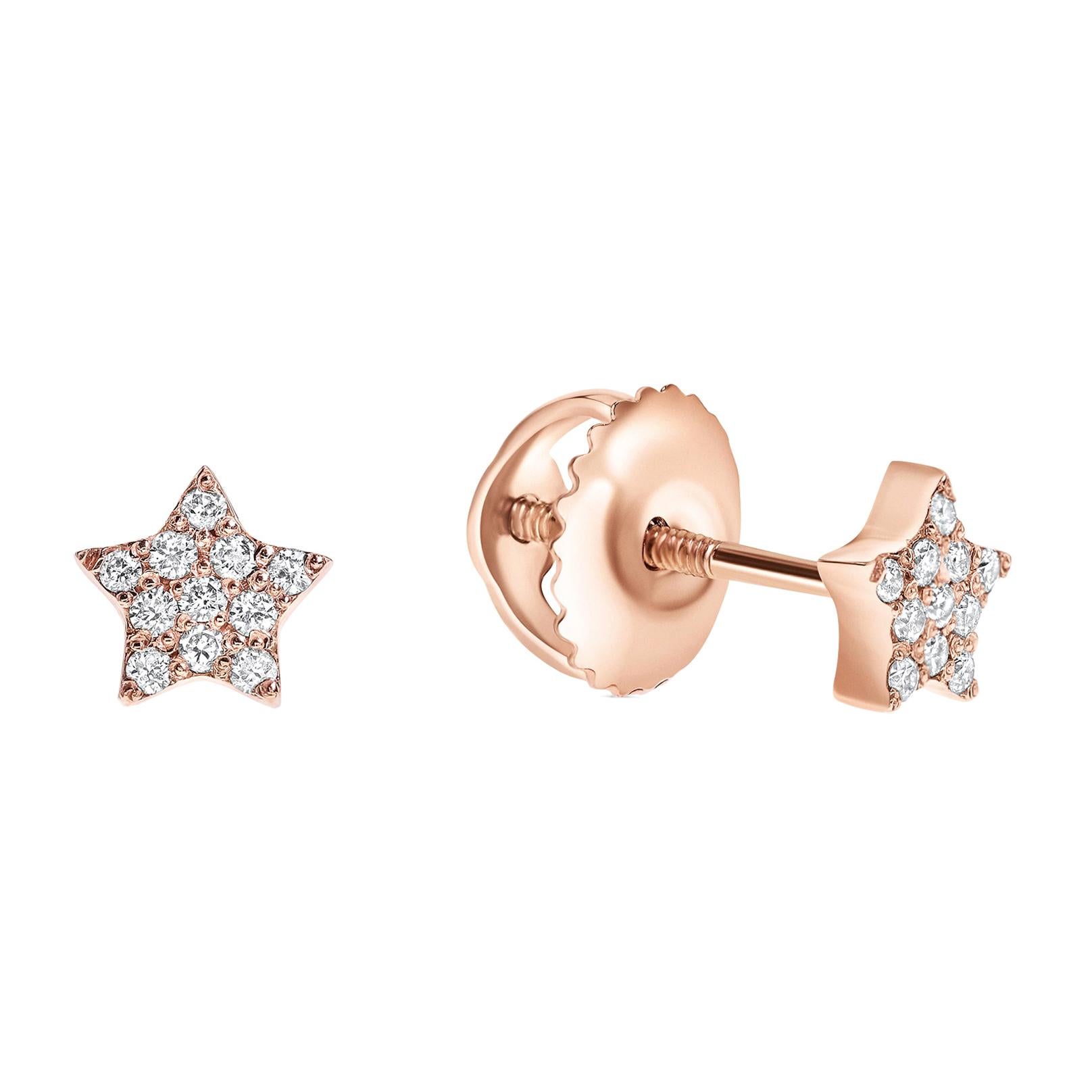 Clous d'oreilles étoile en or rose 14 carats avec diamants de 0,08 carat -Shlomit Rogel en vente