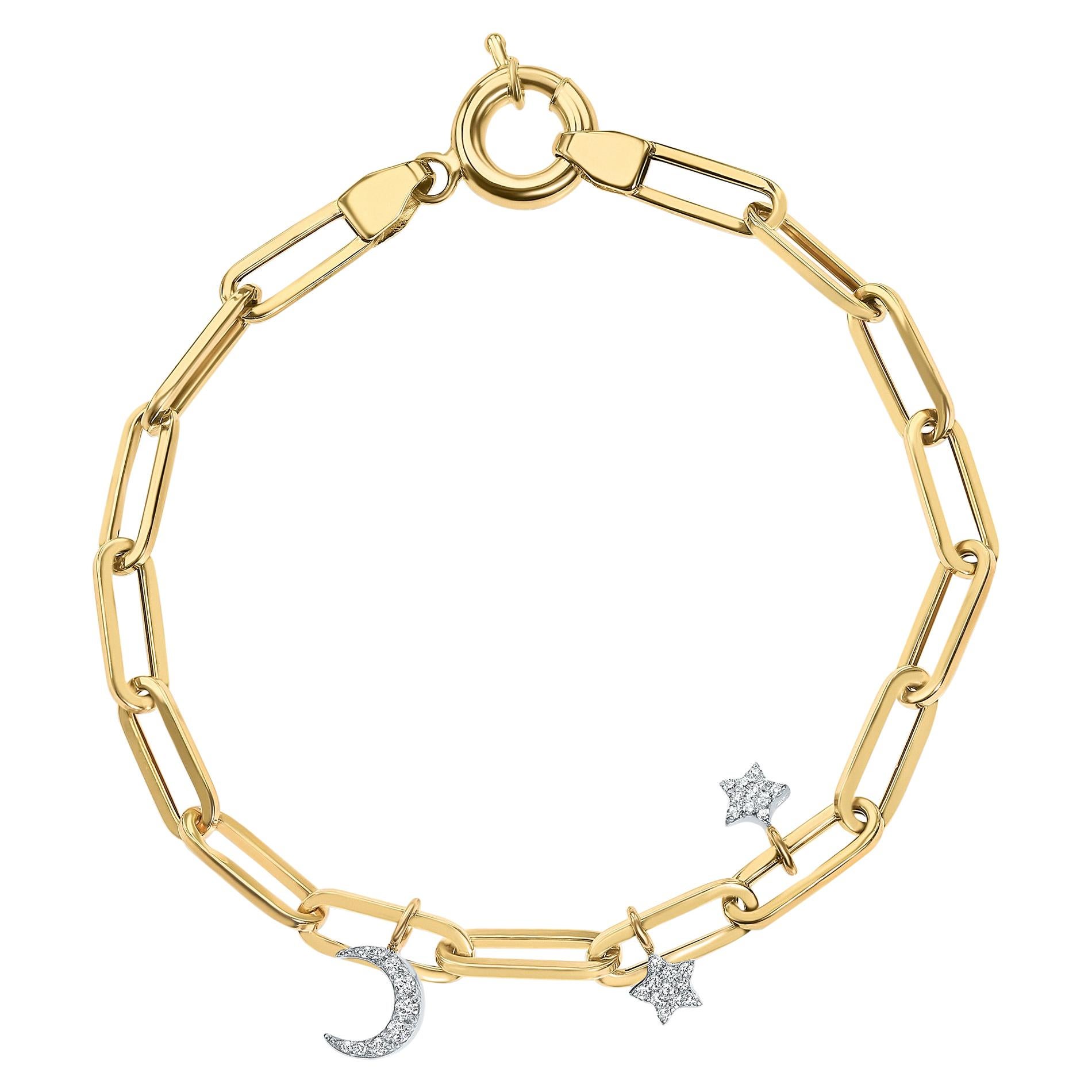 Bracelet à chaîne câble avec breloques en forme d'étoiles et de lune en diamant 0,14 carat - Shlomit Rogel en vente