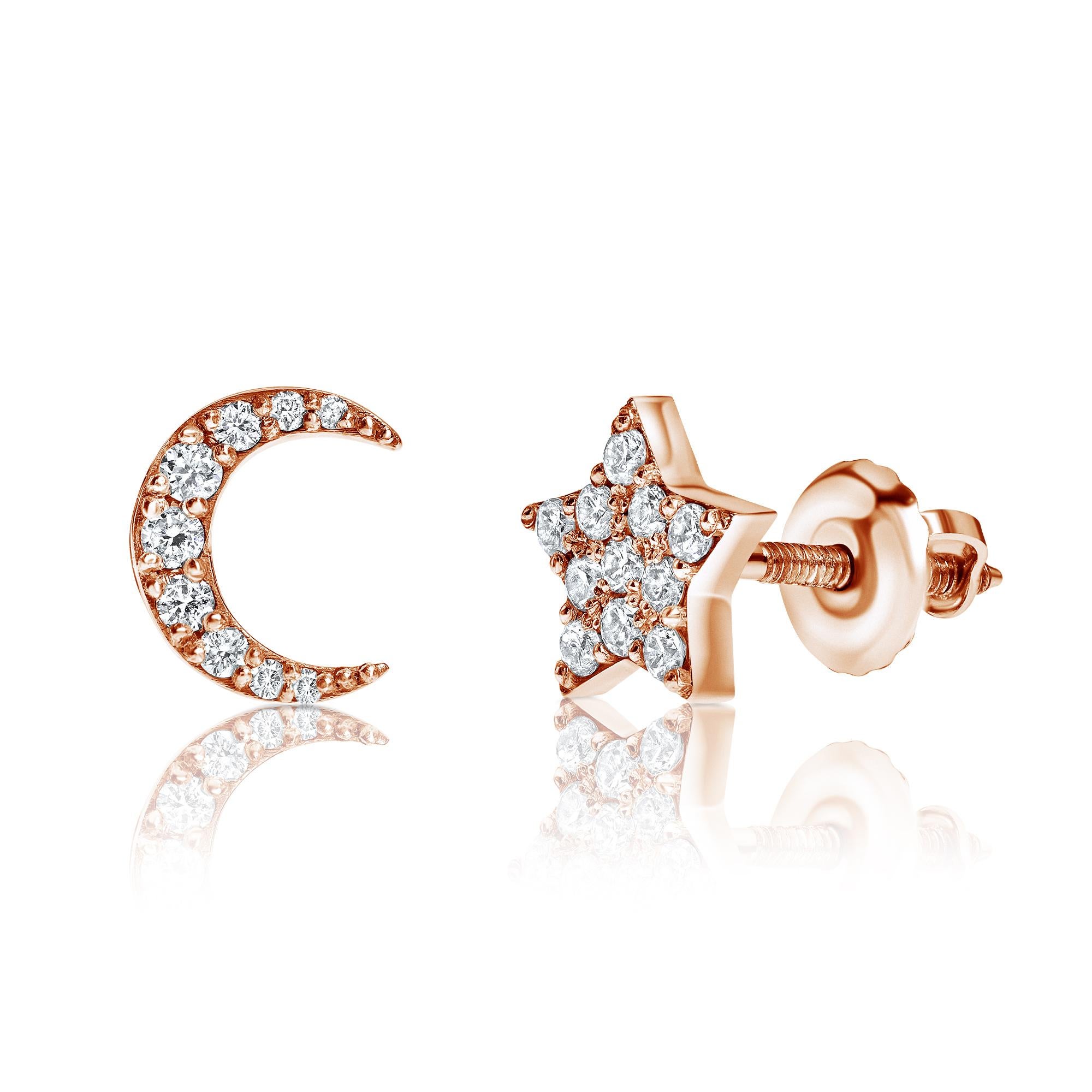 0.17 Carat Diamond Star & Moon Mismatched Stud Earrings 14K Gold - Shlomit Rogel en vente 2