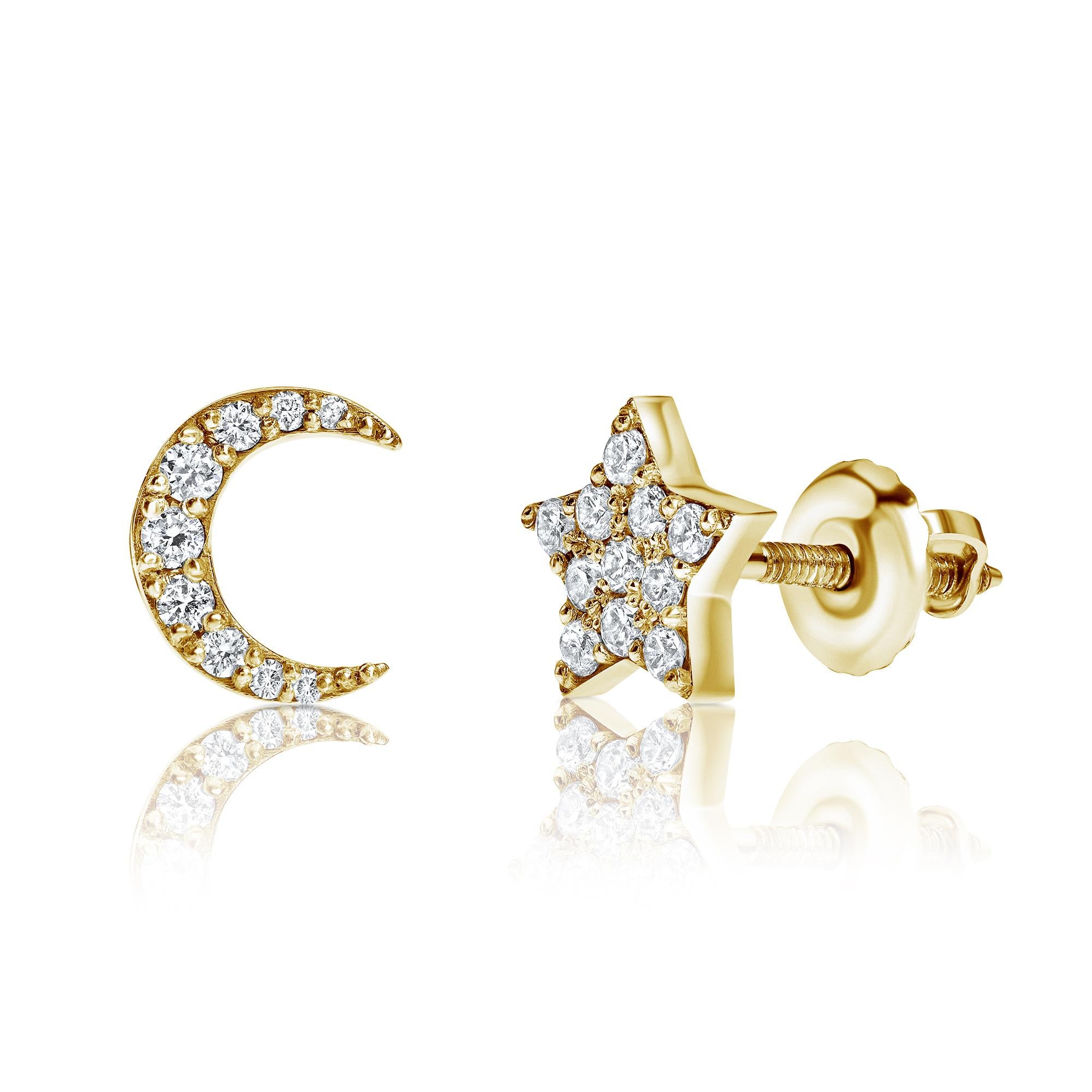 Women's 0.17 Carat Diamond Star & Moon Mismatched Stud Earrings 14K Gold - Shlomit Rogel For Sale