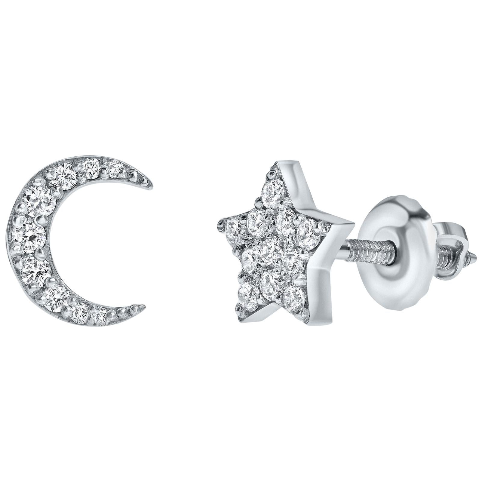 0.17 Carat Diamond Star & Moon Mismatched Stud Earrings 14K Gold - Shlomit Rogel en vente