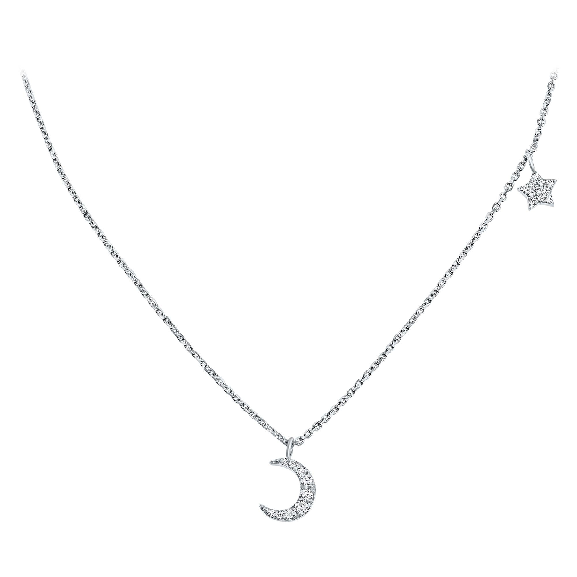 0.10 Carat Diamond Moon and Star Pendant Necklace in 14 Karat Gold Shlomit Rogel For Sale