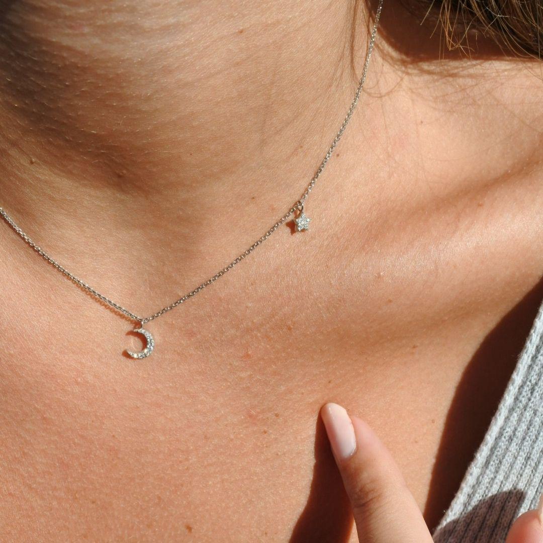 Art Deco 0.10 Carat Diamond Moon and Star Pendant Necklace in 14 Karat Gold Shlomit Rogel For Sale