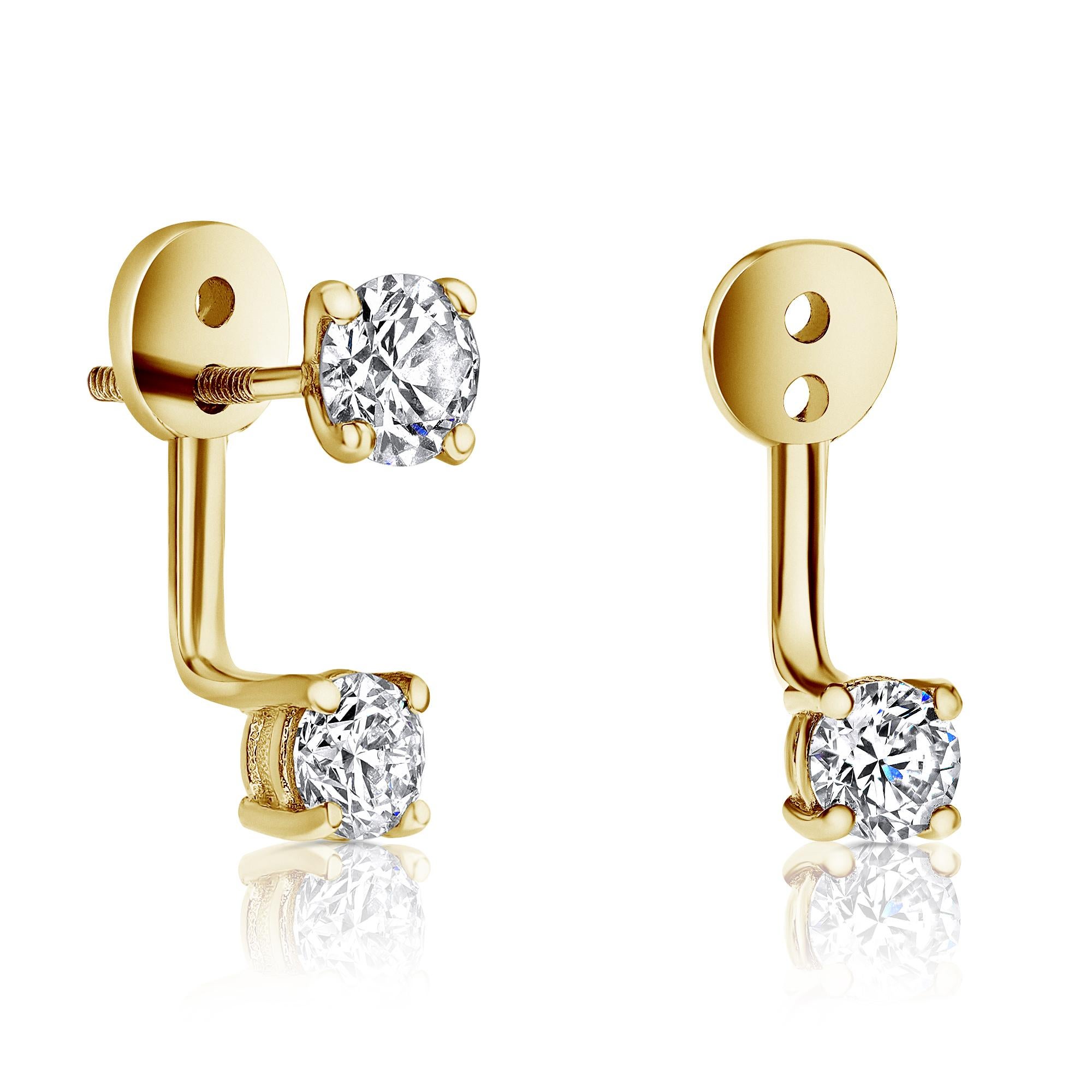 0.72 Carat Diamond Earrings Ear Jackets in 14 Karat Yellow Gold - Shlomit Rogel

These beautiful diamond set is a part of Shlomit Rogel's Cupid's Kiss Collection.
Classic diamond studs are attached to a diamond ear jacket set with 0.36 carat