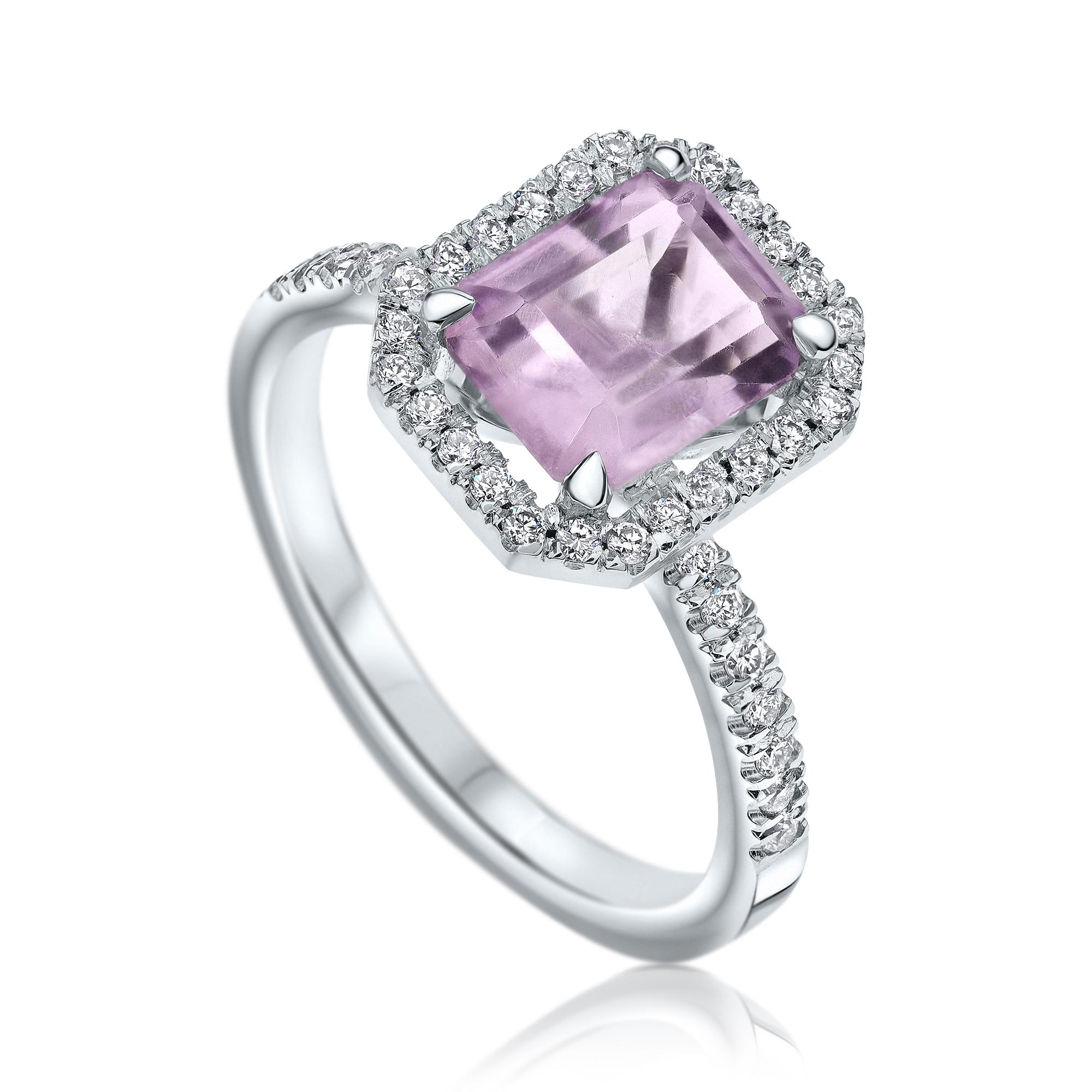 1.65 Carat Emerald Cut Amethyst Gem Stone & Diamonds Ring in 14K White Gold - Gem Glam Collection

Emerald shaped Amethyst gemstone halo style diamond ring, set with a purplish clear 1.65 CARAT natural Amethyst gemstone. 
In the ring there are