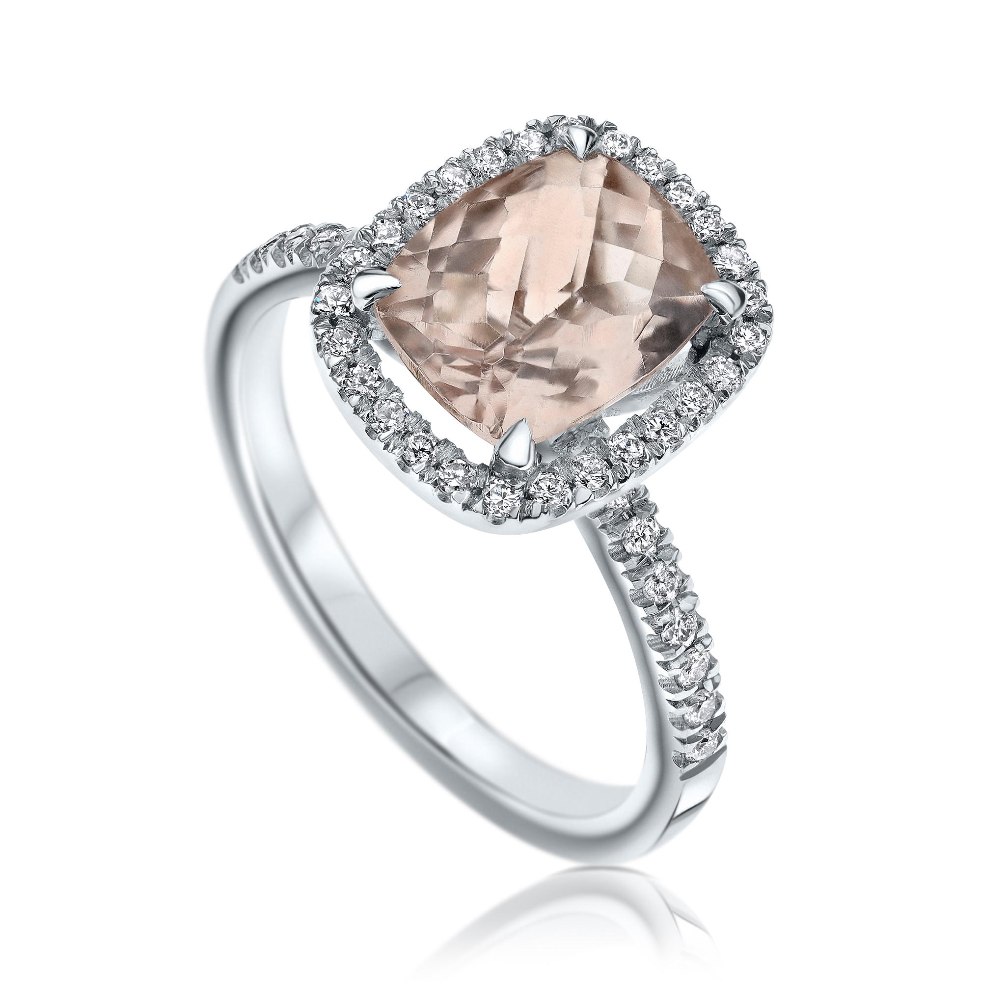 2.09 Carat Morganite and Diamonds Ring in 14 Karat White Gold - Shlomit Rogel - Gem Glam Collection

Cushion shaped morganite halo style diamond ring, set with a peachy clear 1.70 Carat natural morganite gemstone. 
In the ring there are additional