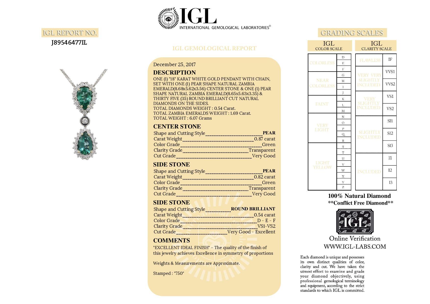 Pendentif en or blanc 18 carats avec diamants et émeraude naturelle de Zambie certifiée IGL de 2,23 carats en vente 5
