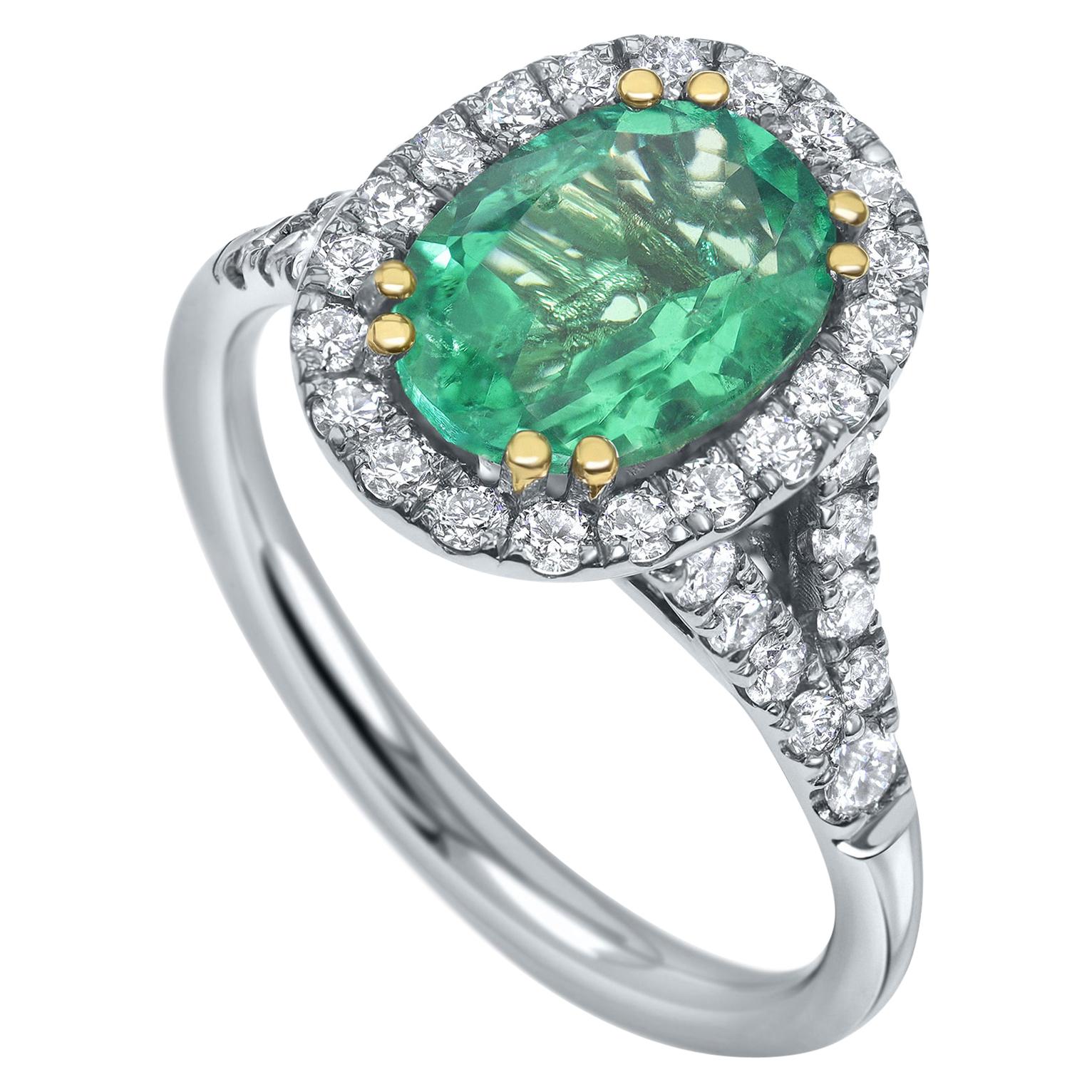 2.39 Carat 100% Natural Afghan Emerald Oval Cut and Diamonds Ring in White Gold For Sale