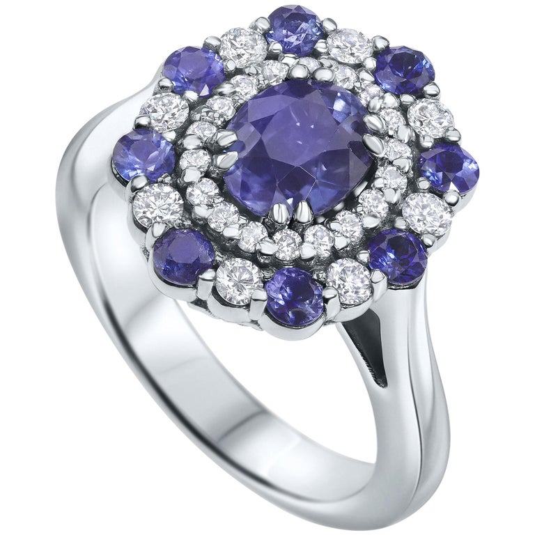 2.50 Carat GIA Certified Natural Blue Sapphire and Diamonds Ring 18K White Gold For Sale