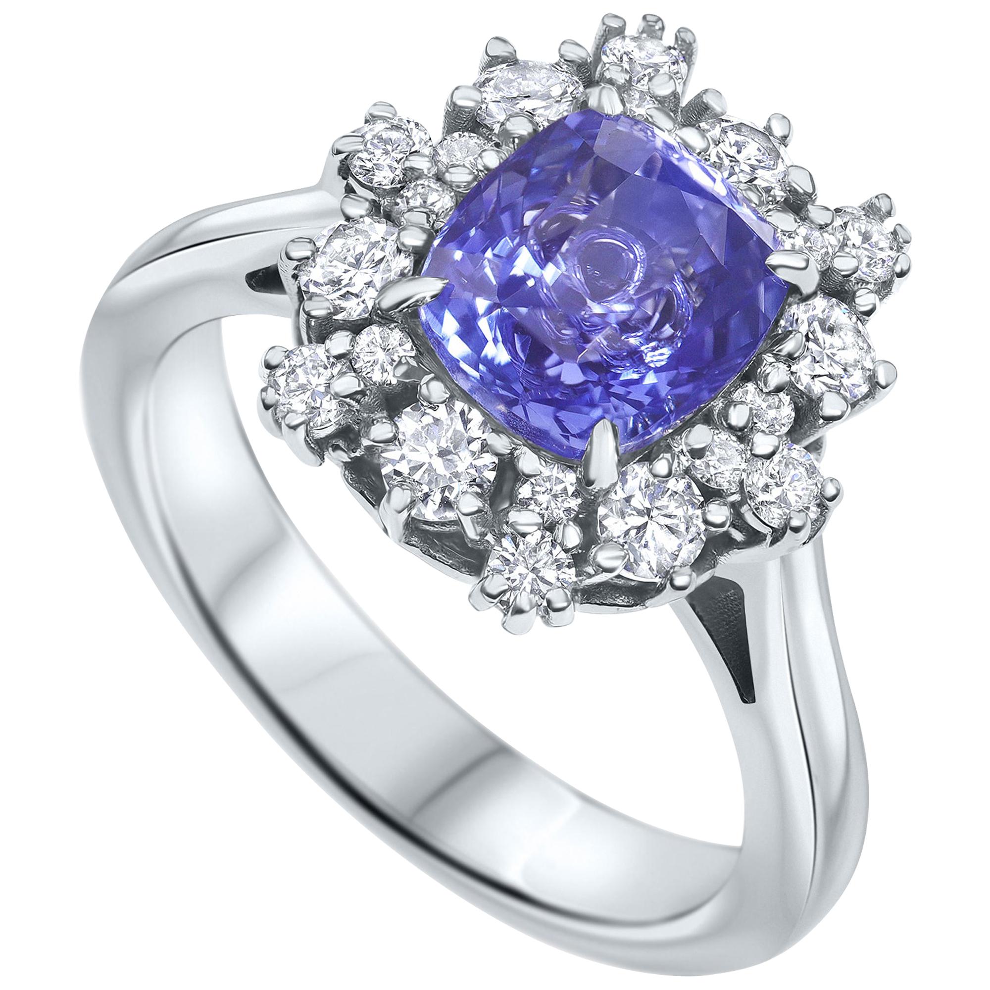3.09 Carat GRS Certified Natural Blue Sapphire and Diamonds Ring 18K White Gold