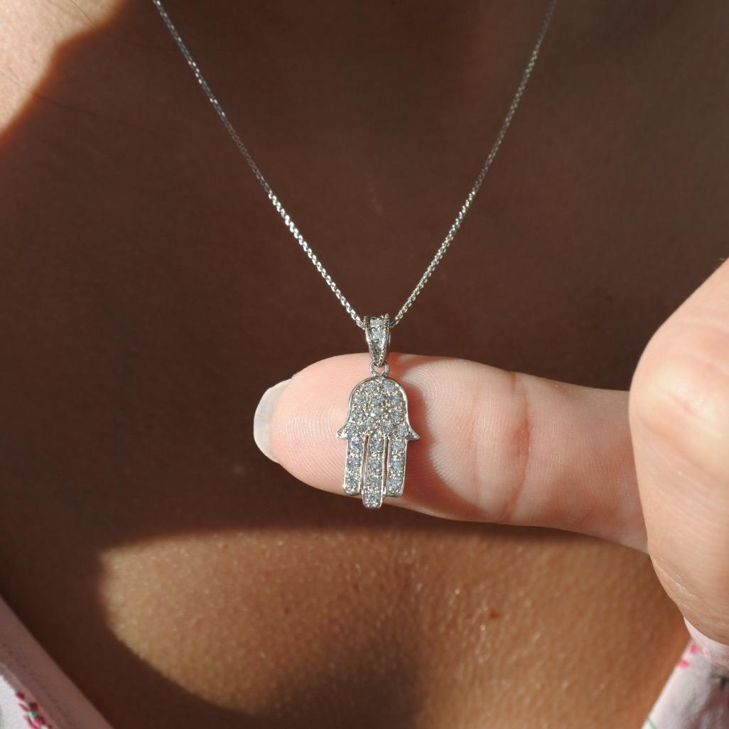 Art Deco 0.20 Carat Diamond Pendant Hamsa Necklace in 14 Karat White Gold - Shlomit Rogel For Sale