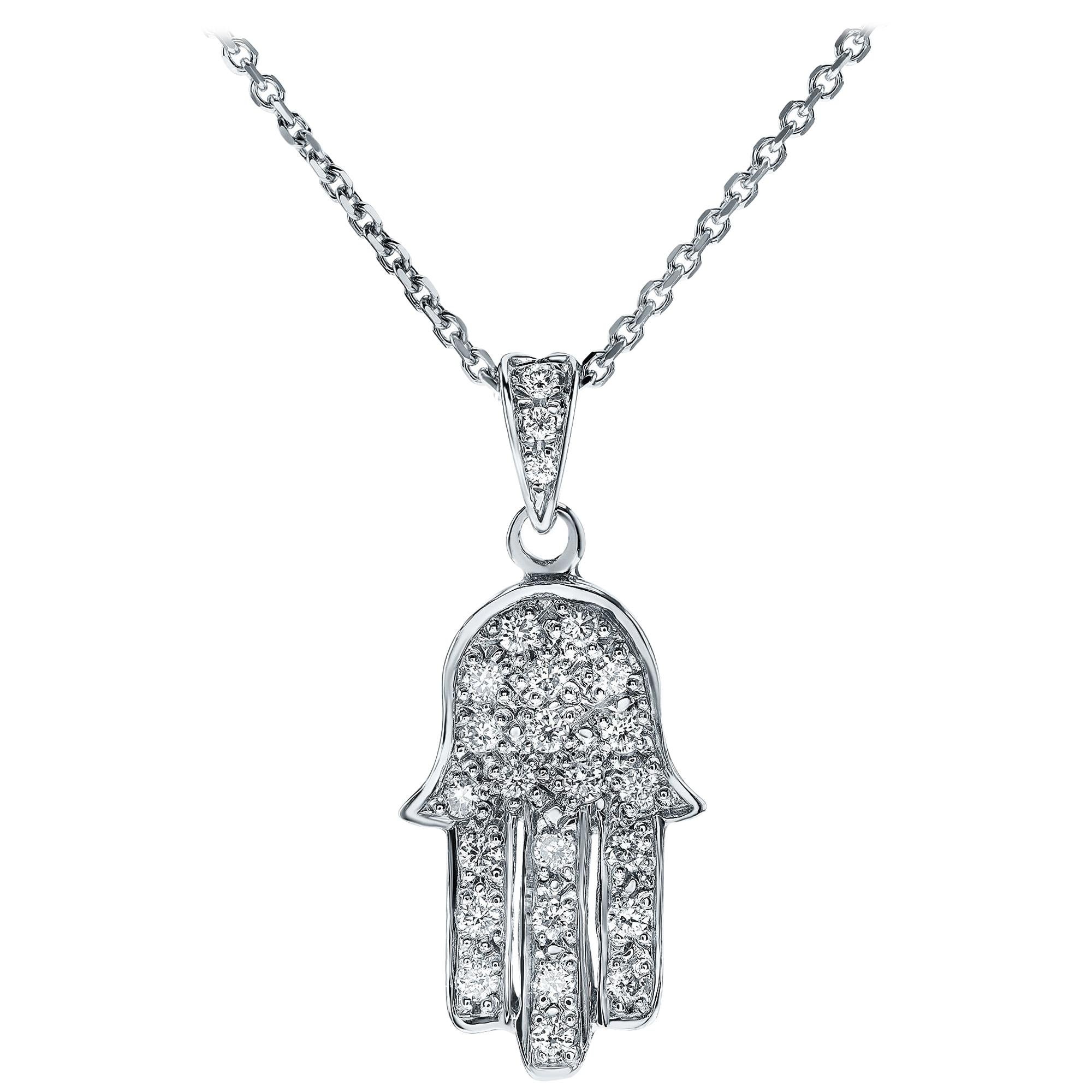 0.20 Carat Diamond Pendant Hamsa Necklace in 14 Karat White Gold - Shlomit Rogel For Sale