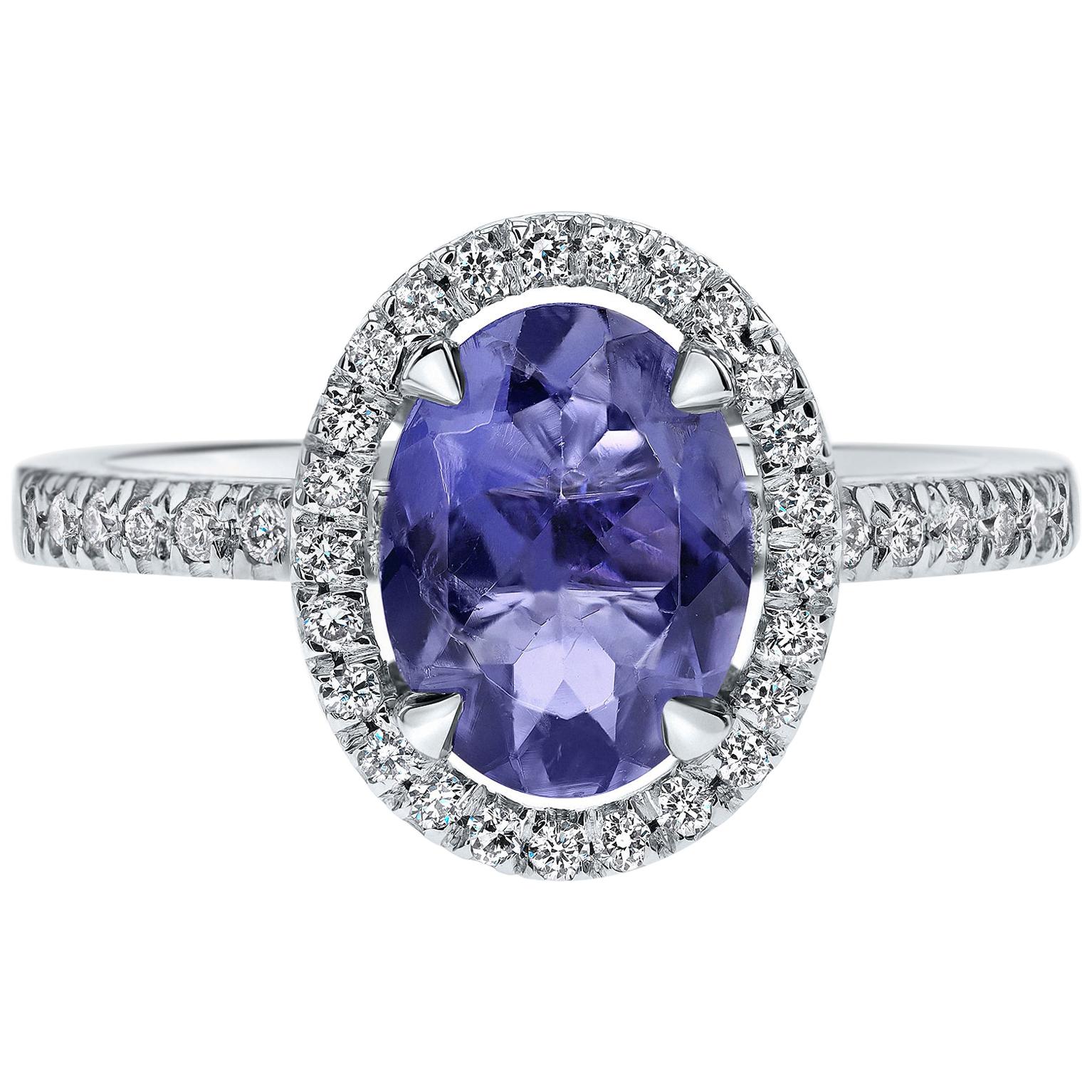 1.56 Carat Oval Tanzanite and Diamonds Halo Ring in White Gold - Shlomit Rogel For Sale