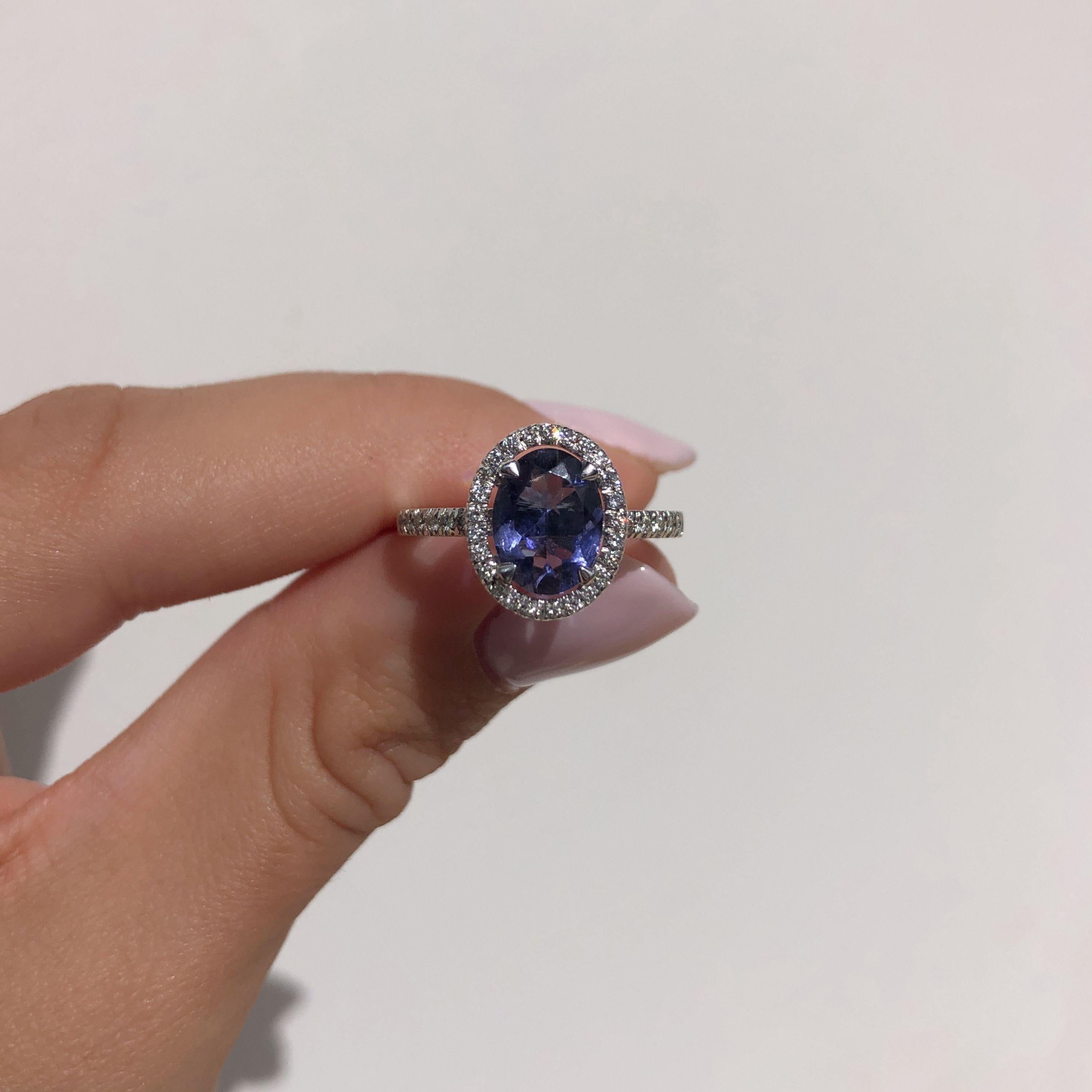 1.56 Carat Oval Tanzanite and Diamonds Halo Ring in White Gold - Shlomit Rogel For Sale 1