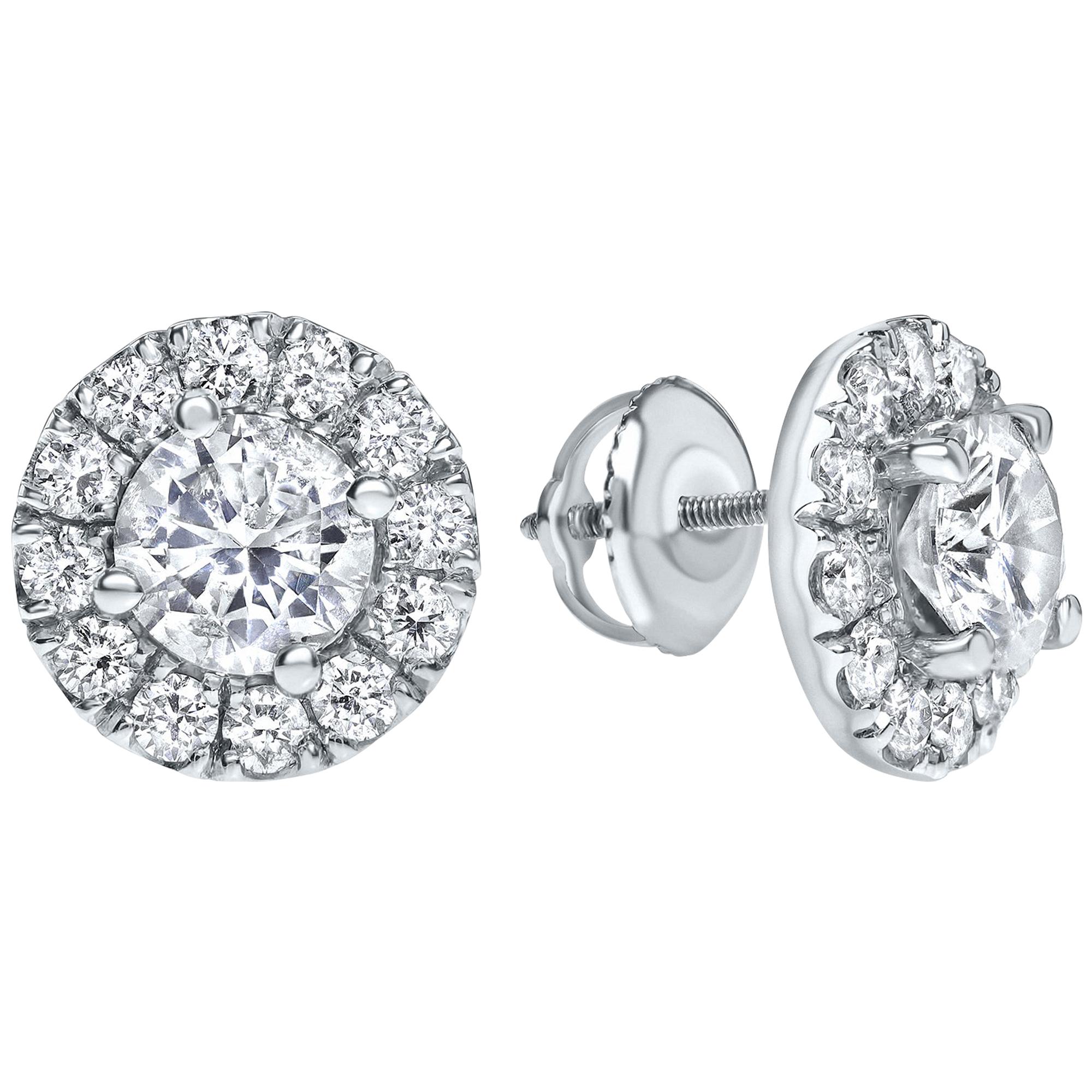 2.00 Carat Diamond Halo Earrings in 14 Karat White Gold - Shlomit Rogel For Sale