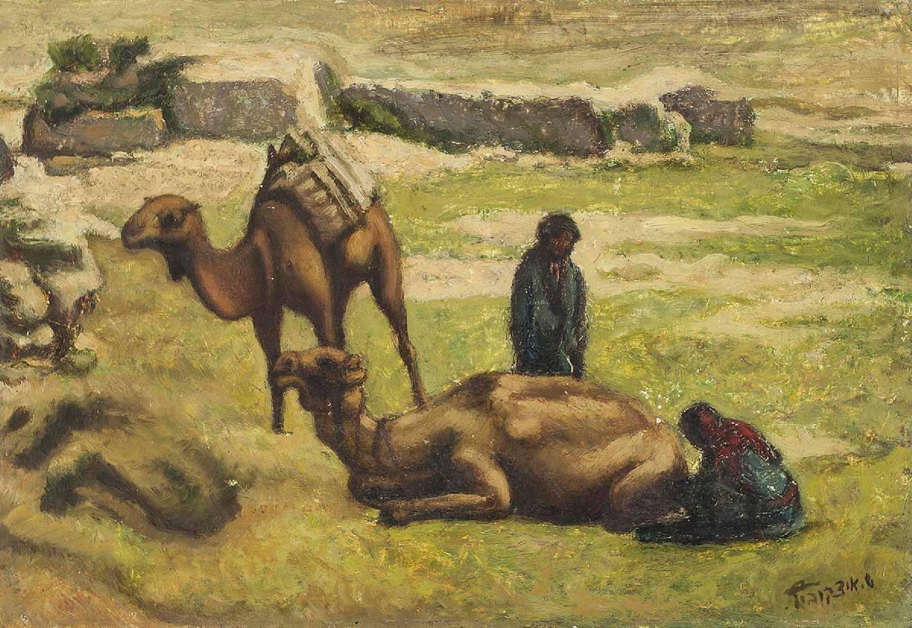 Figurative Painting Shlomo Itzkovitch - Paysage pastoral Palestine/Israël Camels et bergers