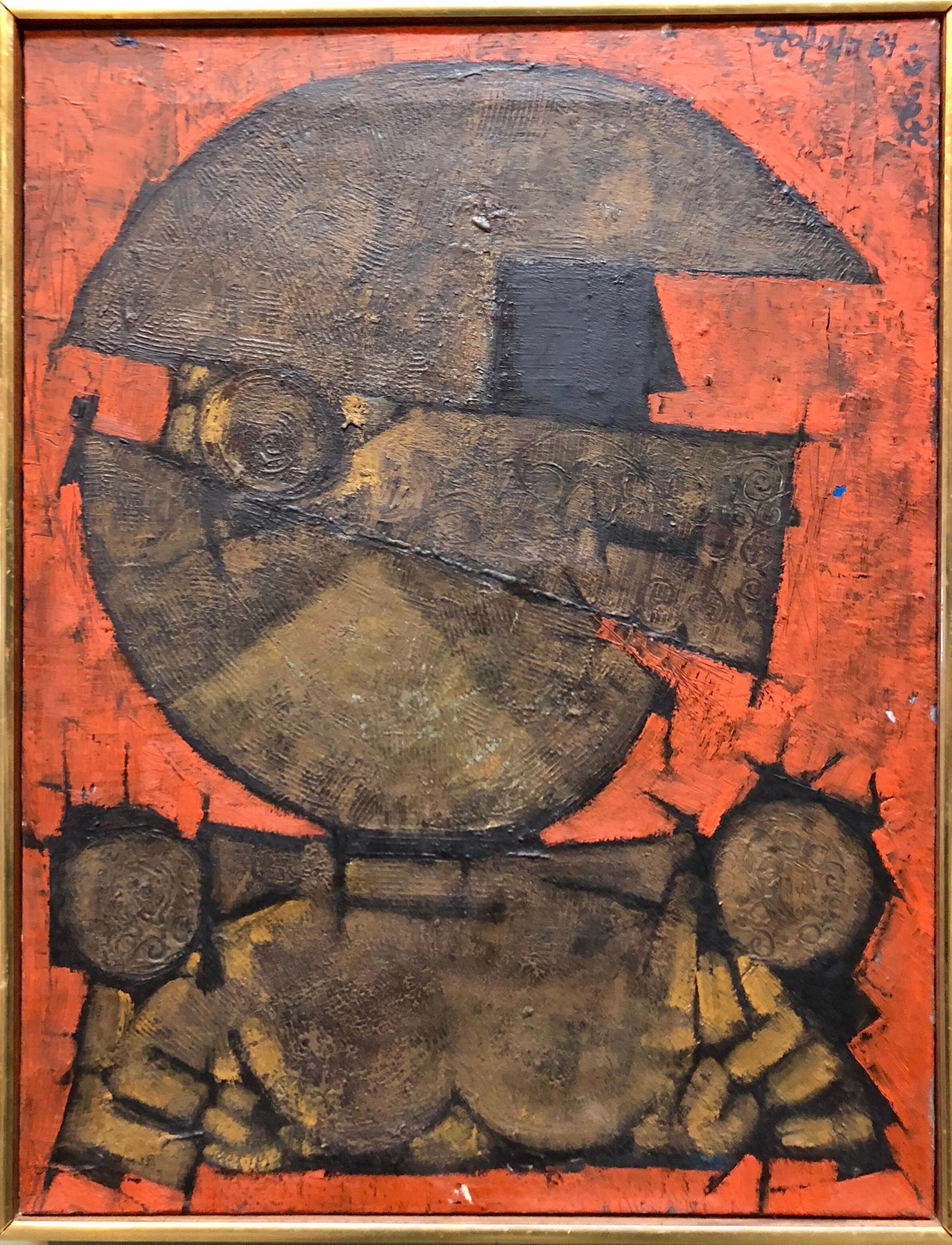 Shlomo Zafrir Abstract Painting - Israeli Cubist Modernist Oil Painting "Rosh Shiryon Abir" Armor 