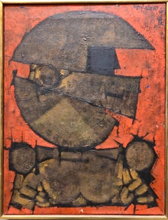 Retro Israeli Cubist Modernist Oil Painting "Rosh Shiryon Abir" Armor 