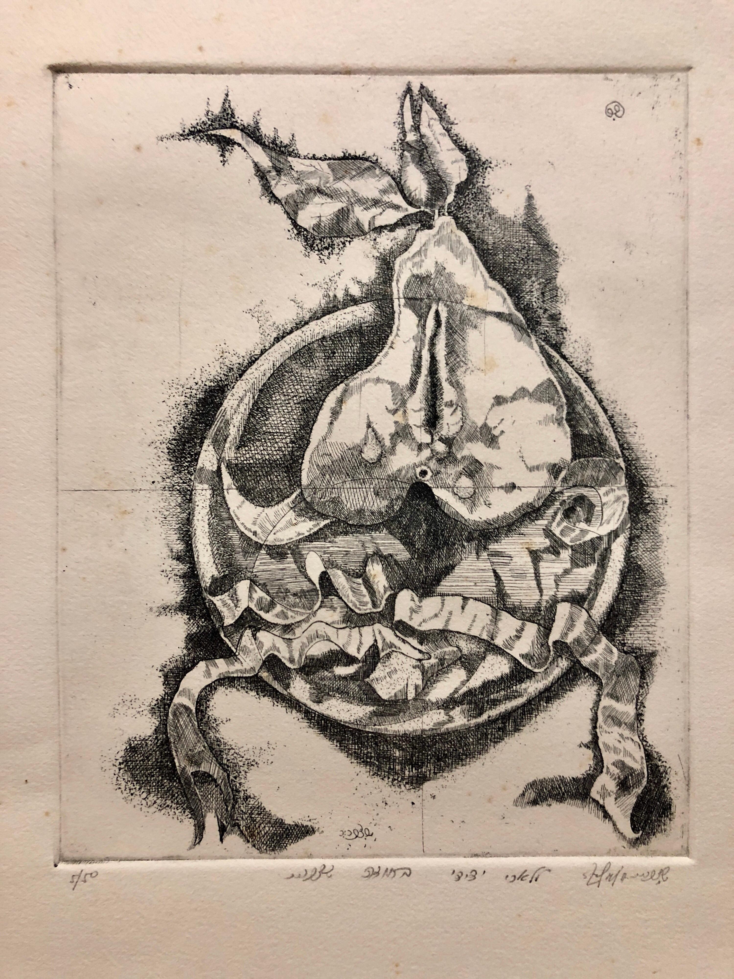 Israeli Modernist Surrealist Etching Cut Pear - Print by Shlomo Zafrir