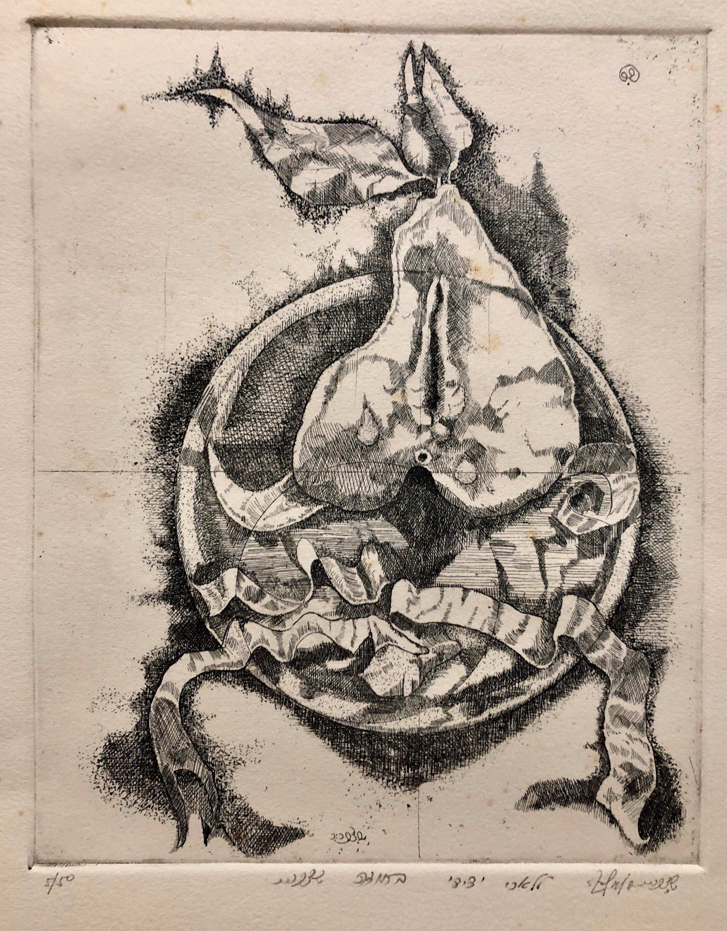 Israeli Modernist Surrealist Etching Cut Pear