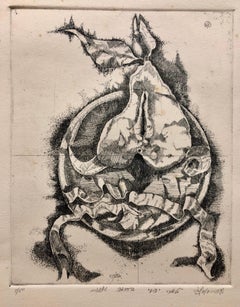 Gravure sur cuivre moderniste et surréaliste israélienne représentant une poire