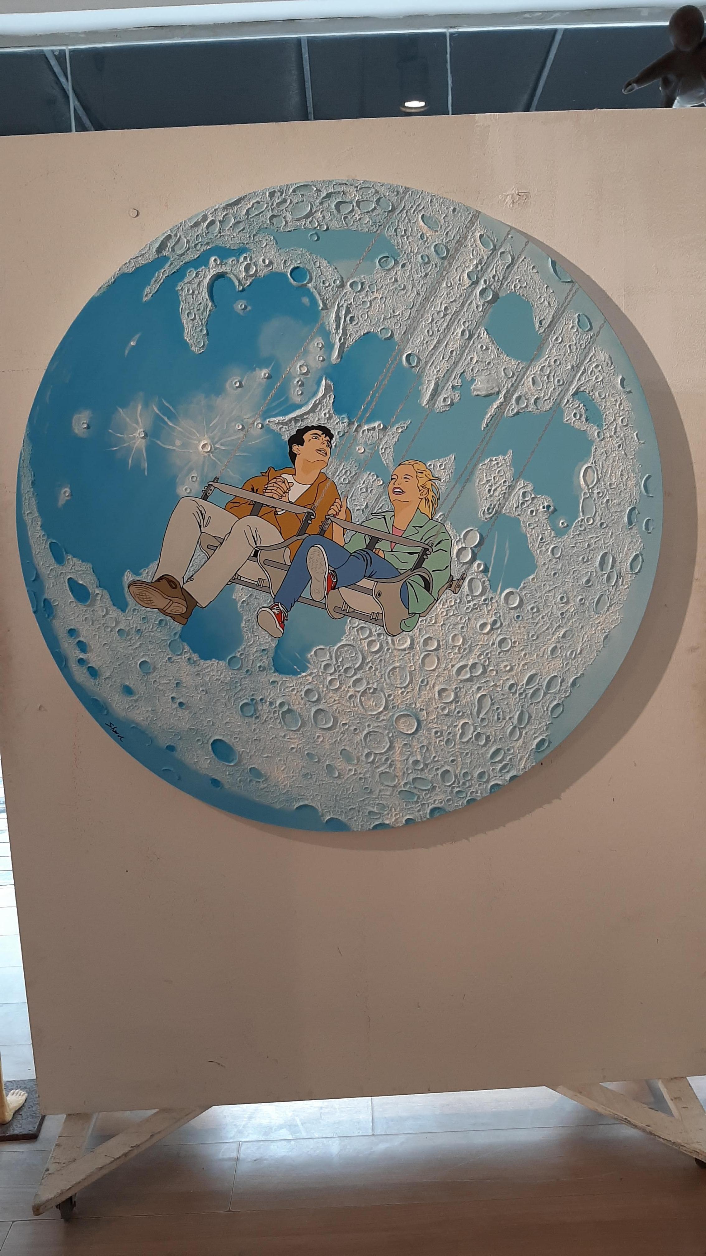 Shmu, Flying to the moon, on a swing acrylique et mixed media sur toile en vente 1
