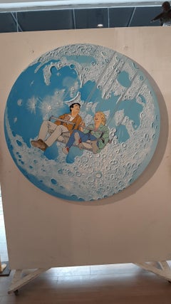 Shmu, Volando hacia la luna, en un columpio acrílico y técnica mixta sobre lienzo