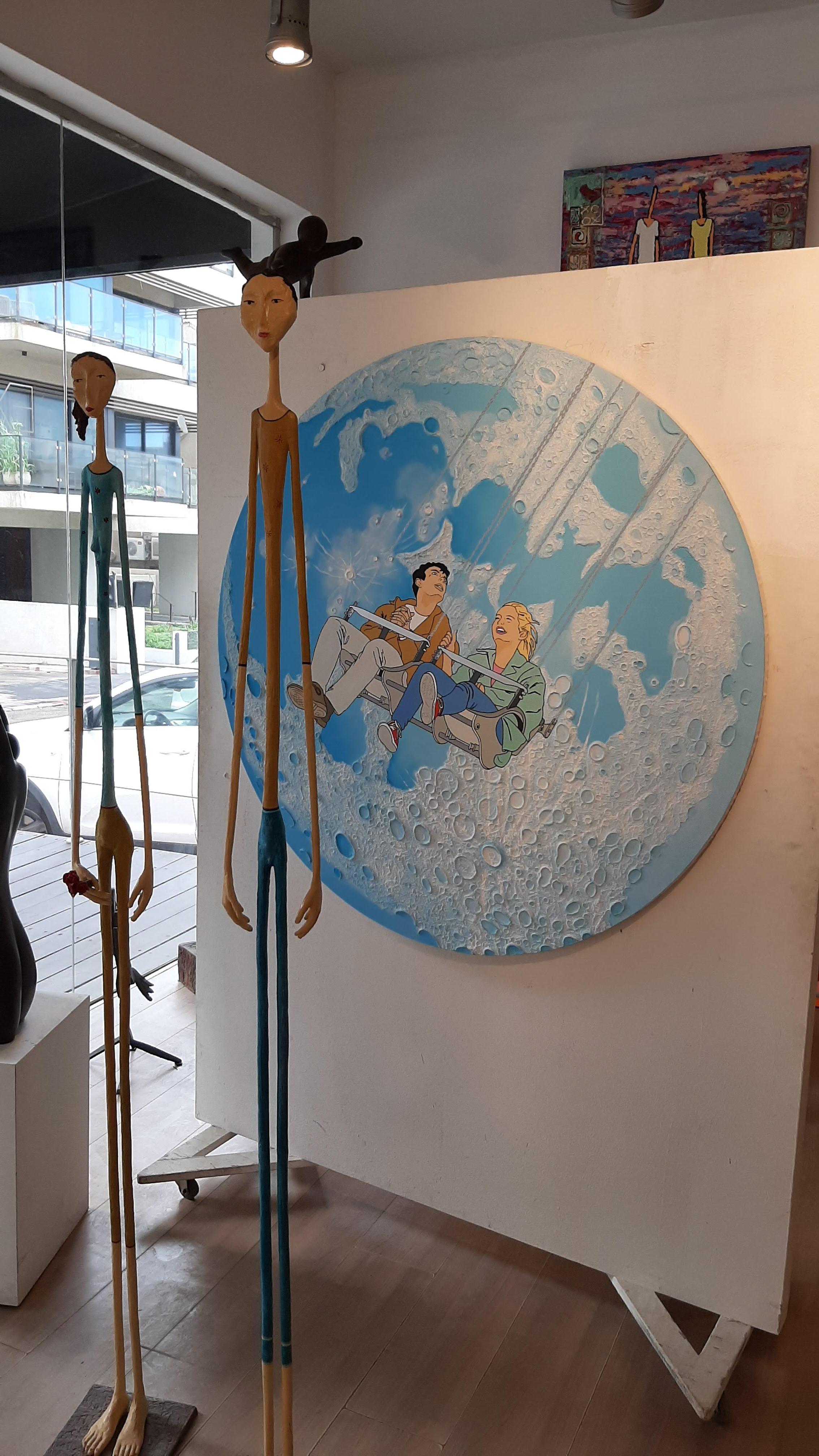 Shmu, Flying to the moon, on a swing acrylique et mixed media sur toile en vente 4